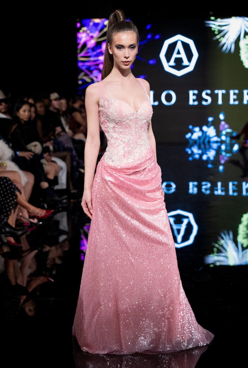 LOS ANGELES, CALIFORNIA - MARCH 13: A model walks the runway at the Angelo Estera show during Los Angeles Fashion Week Powered By Art Hearts Fashion at The Majestic on March 13, 2026 in Los Angeles, California. (Photo by Mark Gunter/Getty Images for Art Hearts Fashion)