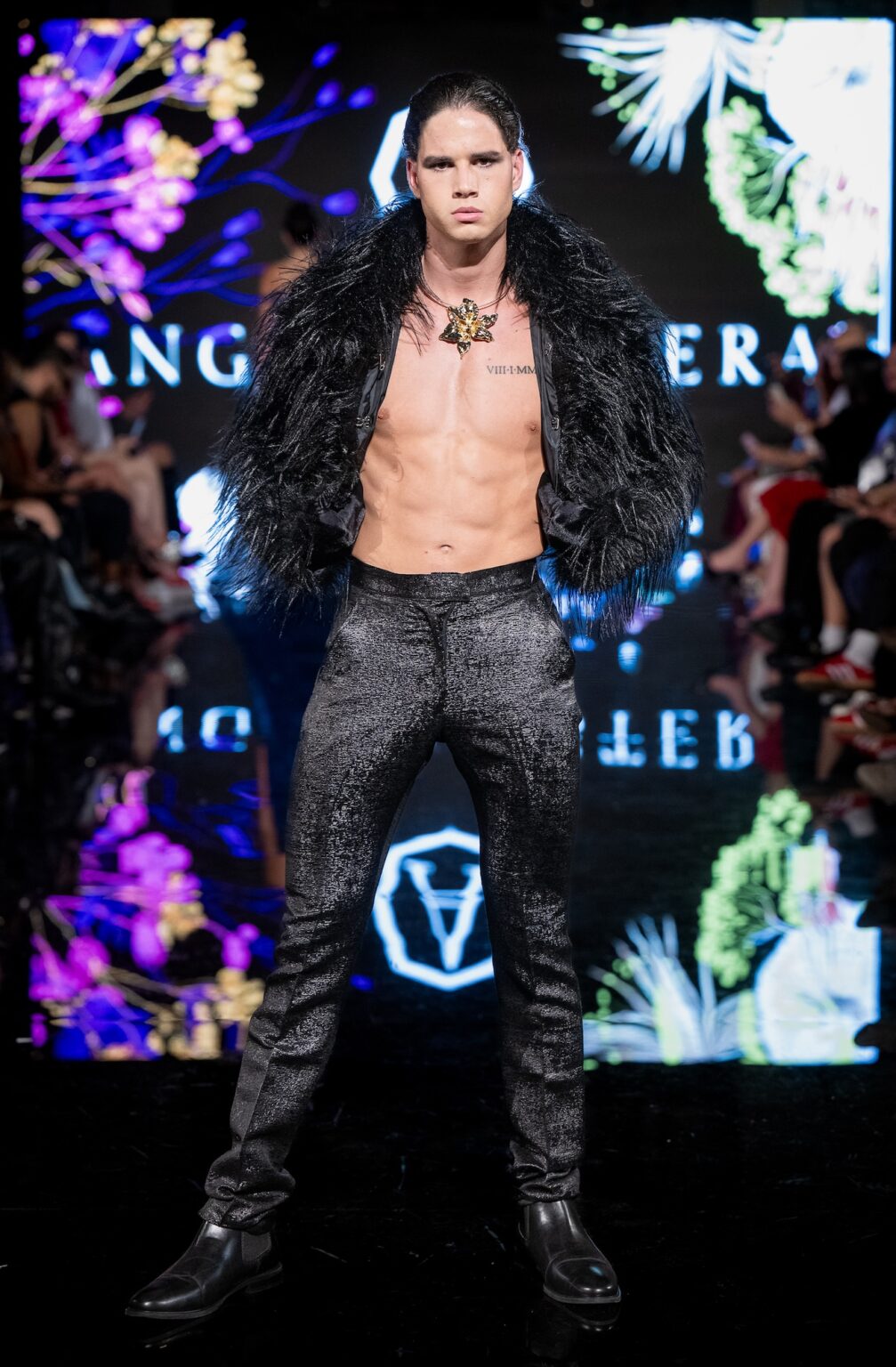 LOS ANGELES, CALIFORNIA - MARCH 13: A model walks the runway at the Angelo Estera show during Los Angeles Fashion Week Powered By Art Hearts Fashion at The Majestic on March 13, 2026 in Los Angeles, California. (Photo by Mark Gunter/Getty Images for Art Hearts Fashion)