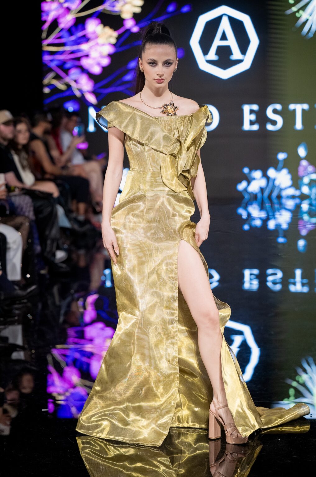 LOS ANGELES, CALIFORNIA - MARCH 13: A model walks the runway at the Angelo Estera show during Los Angeles Fashion Week Powered By Art Hearts Fashion at The Majestic on March 13, 2026 in Los Angeles, California. (Photo by Mark Gunter/Getty Images for Art Hearts Fashion)