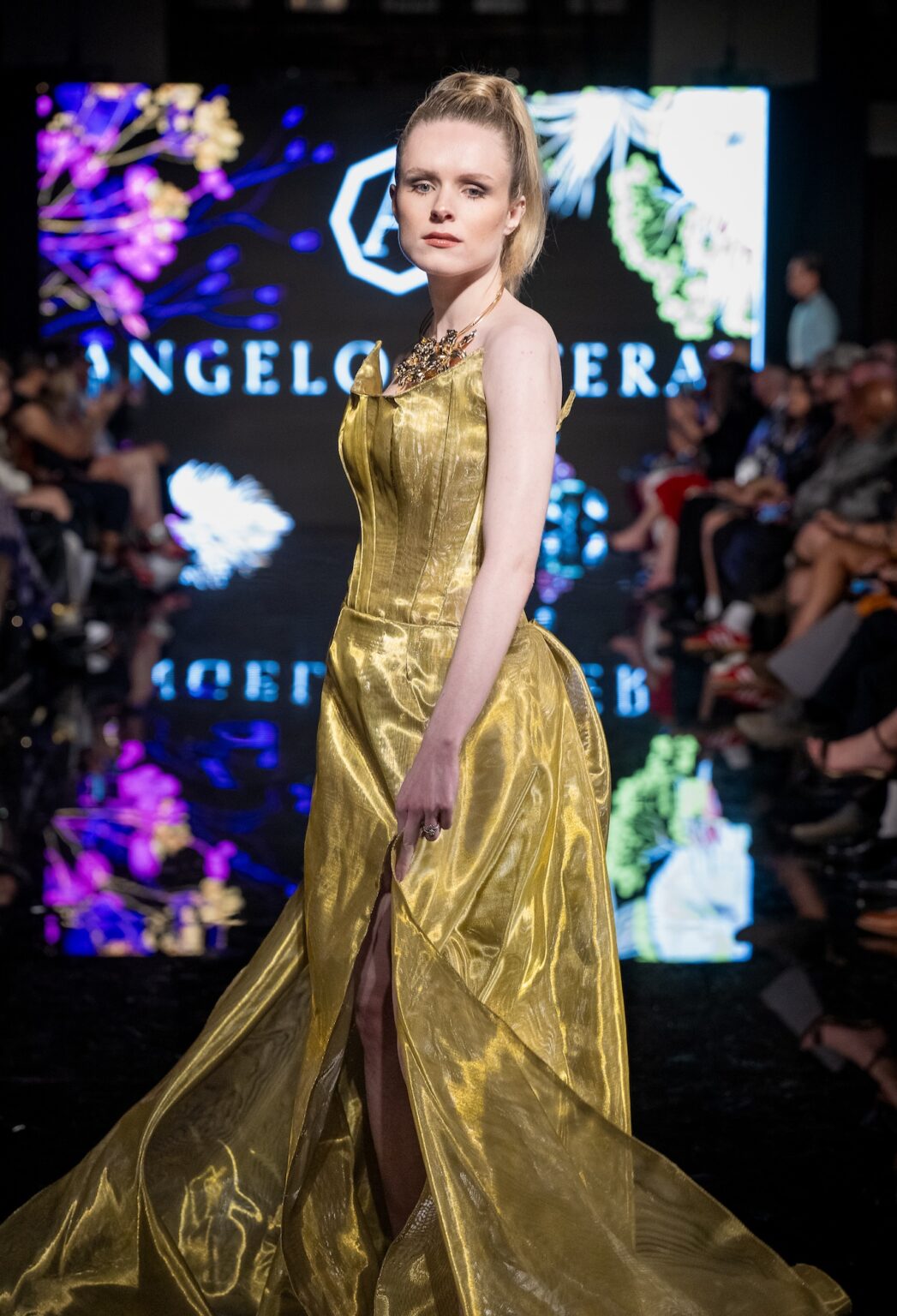 LOS ANGELES, CALIFORNIA - MARCH 13: A model walks the runway at the Angelo Estera show during Los Angeles Fashion Week Powered By Art Hearts Fashion at The Majestic on March 13, 2026 in Los Angeles, California. (Photo by Mark Gunter/Getty Images for Art Hearts Fashion)