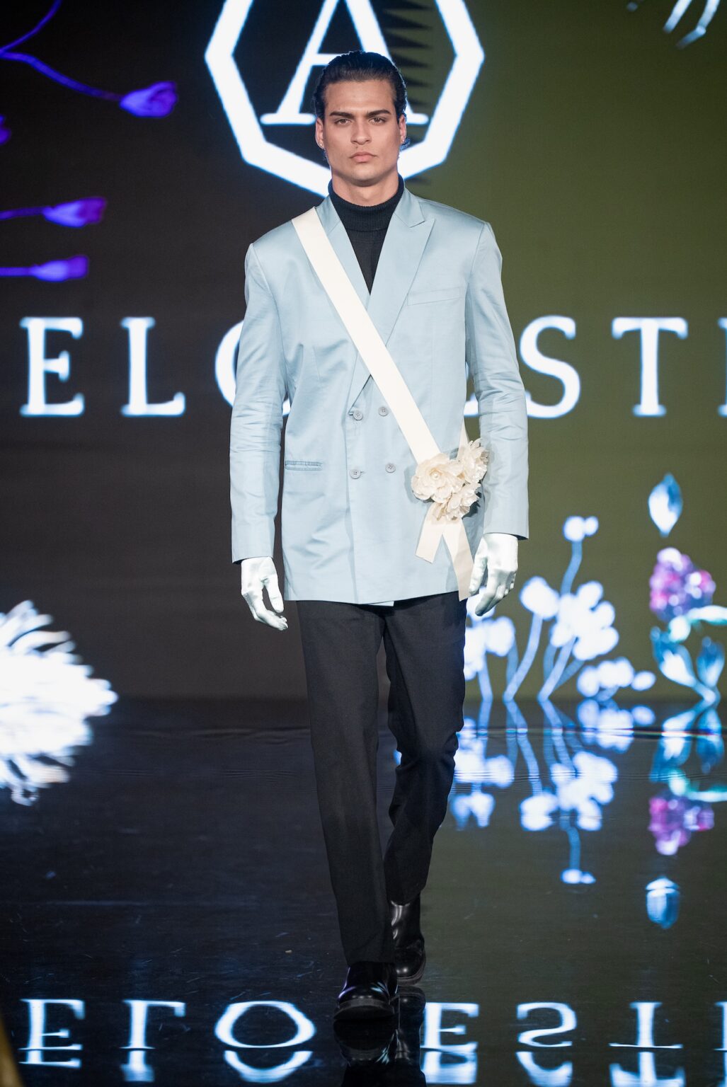 LOS ANGELES, CALIFORNIA - MARCH 13: A model walks the runway at the Angelo Estera show during Los Angeles Fashion Week Powered By Art Hearts Fashion at The Majestic on March 13, 2026 in Los Angeles, California. (Photo by Mark Gunter/Getty Images for Art Hearts Fashion)