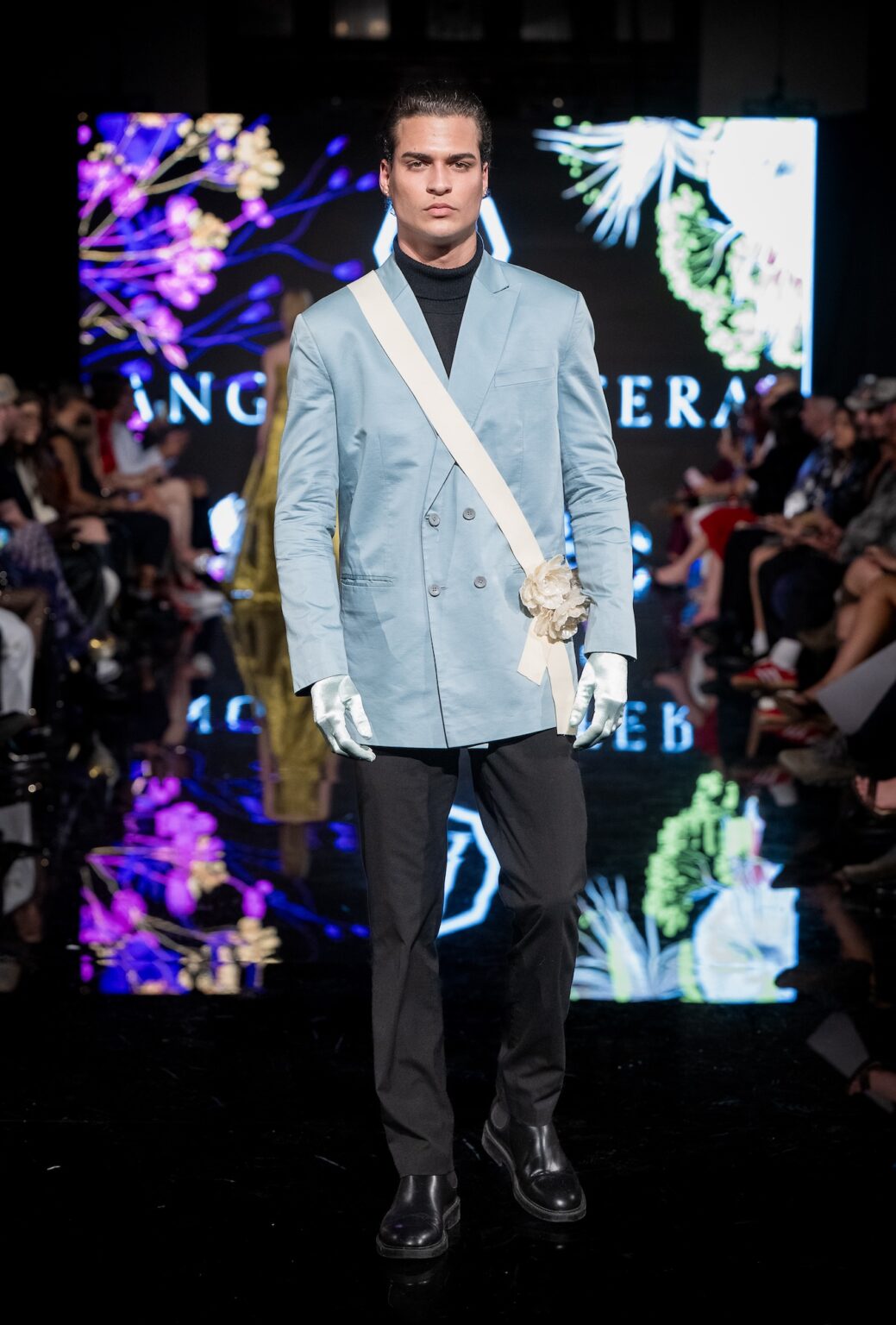 LOS ANGELES, CALIFORNIA - MARCH 13: A model walks the runway at the Angelo Estera show during Los Angeles Fashion Week Powered By Art Hearts Fashion at The Majestic on March 13, 2026 in Los Angeles, California. (Photo by Mark Gunter/Getty Images for Art Hearts Fashion)