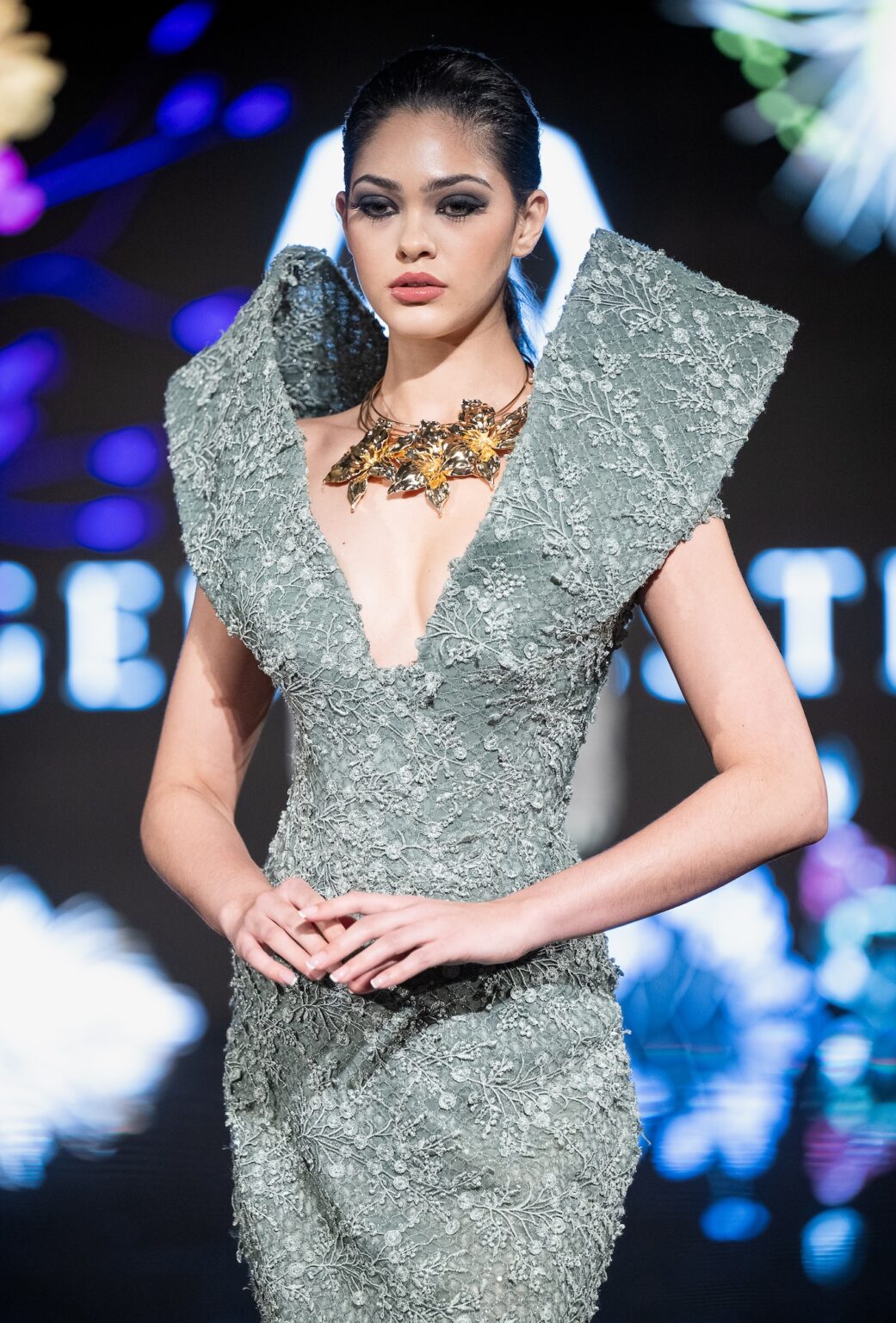 LOS ANGELES, CALIFORNIA - MARCH 13: A model walks the runway at the Angelo Estera show during Los Angeles Fashion Week Powered By Art Hearts Fashion at The Majestic on March 13, 2026 in Los Angeles, California. (Photo by Mark Gunter/Getty Images for Art Hearts Fashion)