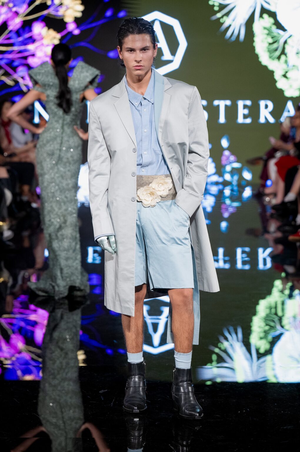 LOS ANGELES, CALIFORNIA - MARCH 13: A model walks the runway at the Angelo Estera show during Los Angeles Fashion Week Powered By Art Hearts Fashion at The Majestic on March 13, 2026 in Los Angeles, California. (Photo by Mark Gunter/Getty Images for Art Hearts Fashion)