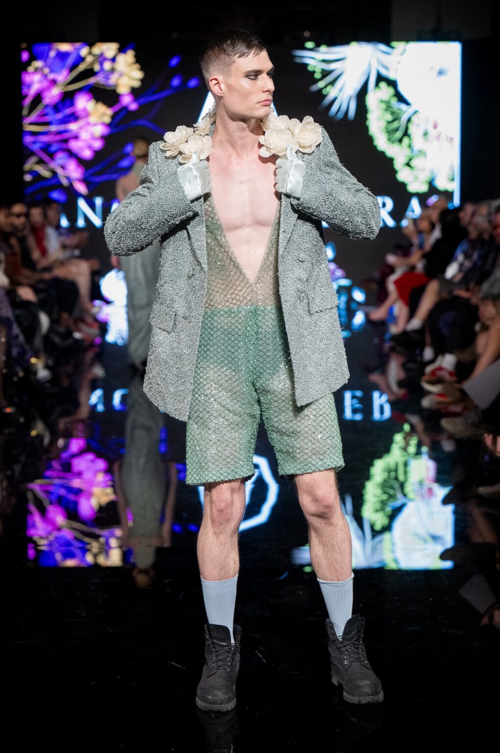 LOS ANGELES, CALIFORNIA - MARCH 13: A model walks the runway at the Angelo Estera show during Los Angeles Fashion Week Powered By Art Hearts Fashion at The Majestic on March 13, 2026 in Los Angeles, California. (Photo by Mark Gunter/Getty Images for Art Hearts Fashion)