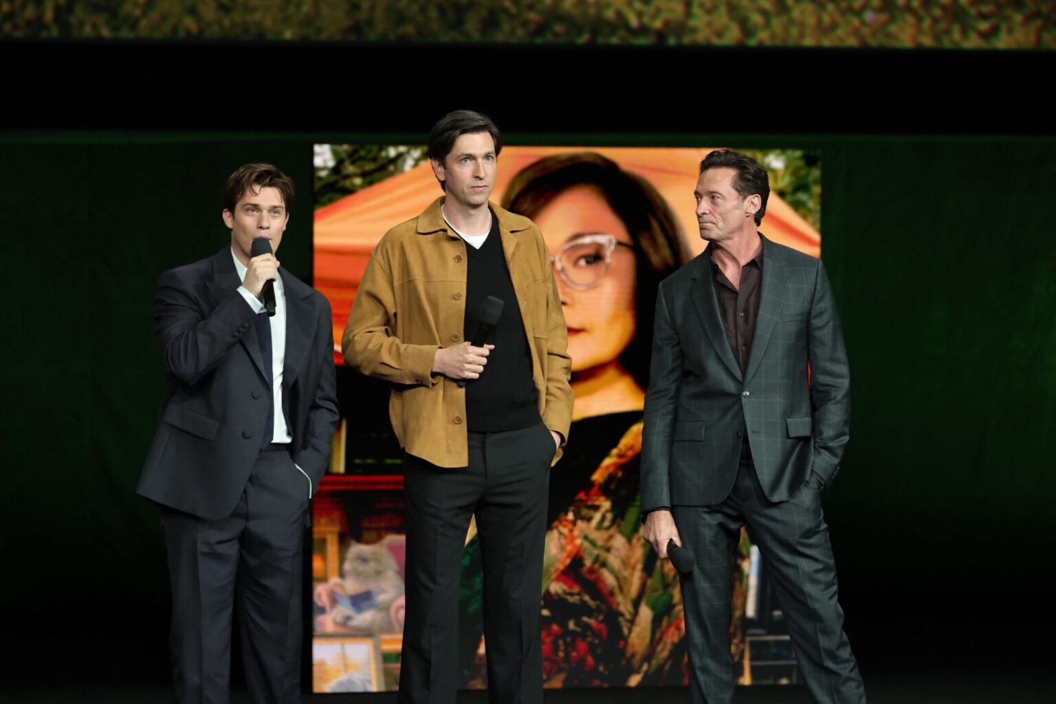 LAS VEGAS, NEVADA - APRIL 15: (L-R) Nicholas Galitzine, Nicholas Braun and Hugh Jackman from "The Sheep Detectives" at the Amazon MGM Studios' CinemaCon 2026 Presentation at The Colosseum at Caesars Palace on April 15, 2026 in Las Vegas, Nevada. (Photo by Stewart Cook/Amazon MGM Studios via Getty Images)