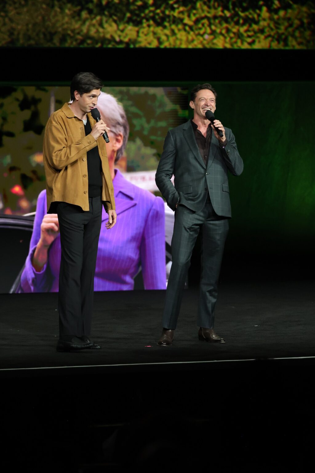 LAS VEGAS, NEVADA - APRIL 15: Nicholas Braun (L) and Hugh Jackman from "The Sheep Detectives" at the Amazon MGM Studios' CinemaCon 2026 Presentation at The Colosseum at Caesars Palace on April 15, 2026 in Las Vegas, Nevada. (Photo by Stewart Cook/Amazon MGM Studios via Getty Images)