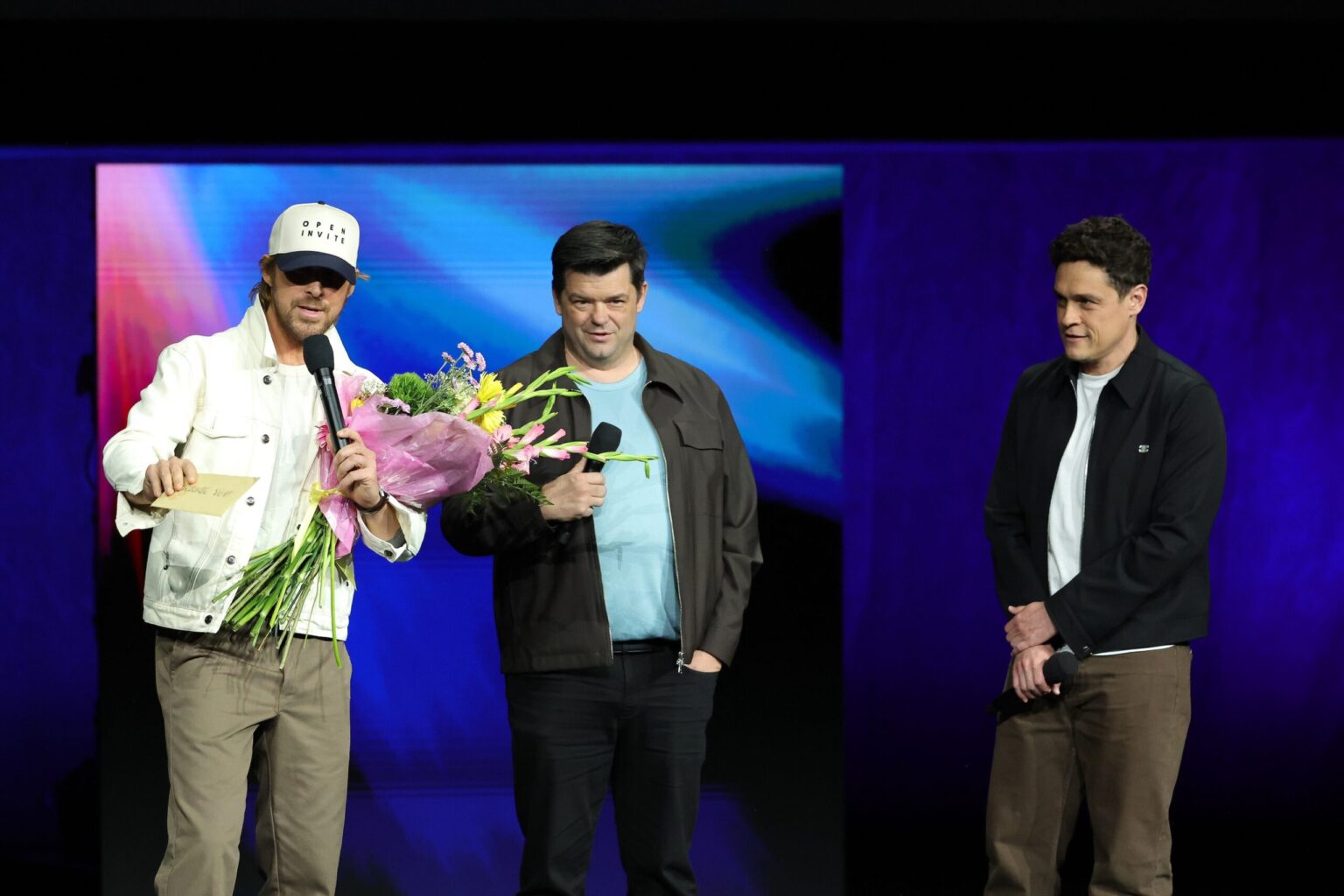 LAS VEGAS, NEVADA - APRIL 15: (L-R) Ryan Gosling, Christopher Miller and Phil Lord from "Project Hail Mary" at the Amazon MGM Studios' CinemaCon 2026 Presentation at The Colosseum at Caesars Palace on April 15, 2026 in Las Vegas, Nevada. (Photo by Stewart Cook/Amazon MGM Studios via Getty Images)