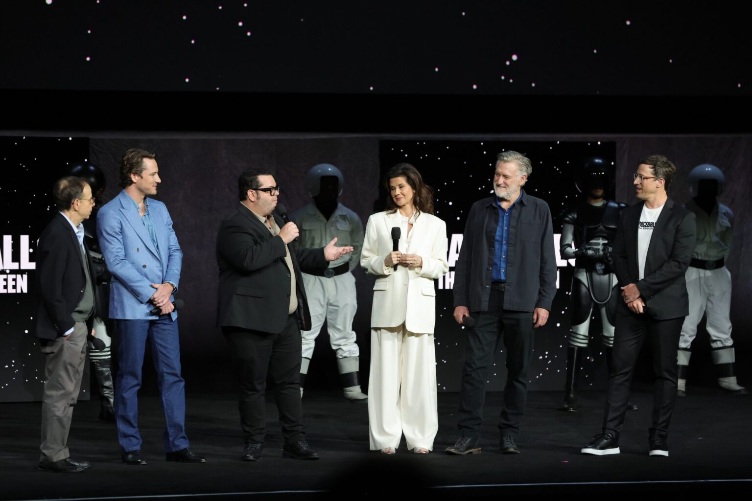 LAS VEGAS, NEVADA - APRIL 15: (L-R) Rick Moranis, Lewis Pullman, Josh Gad, Daphne Zuniga, Bill Pullman and Josh Greenbaum from "Spaceballs The New One" at the Amazon MGM Studios' CinemaCon 2026 Presentation at The Colosseum at Caesars Palace on April 15, 2026 in Las Vegas, Nevada. (Photo by Stewart Cook/Amazon MGM Studios via Getty Images)