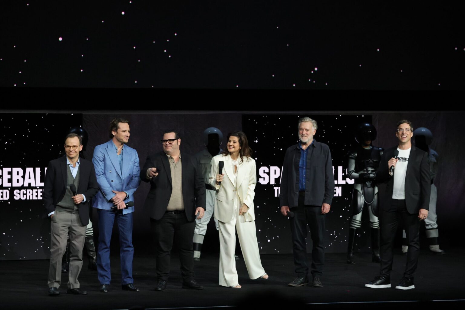 LAS VEGAS, NEVADA - APRIL 15: (L-R) Rick Moranis, Lewis Pullman, Josh Gad, Daphne Zuniga, Bill Pullman and Josh Greenbaum from "Spaceballs The New One" at the Amazon MGM Studios' CinemaCon 2026 Presentation at The Colosseum at Caesars Palace on April 15, 2026 in Las Vegas, Nevada. (Photo by Stewart Cook/Amazon MGM Studios via Getty Images)