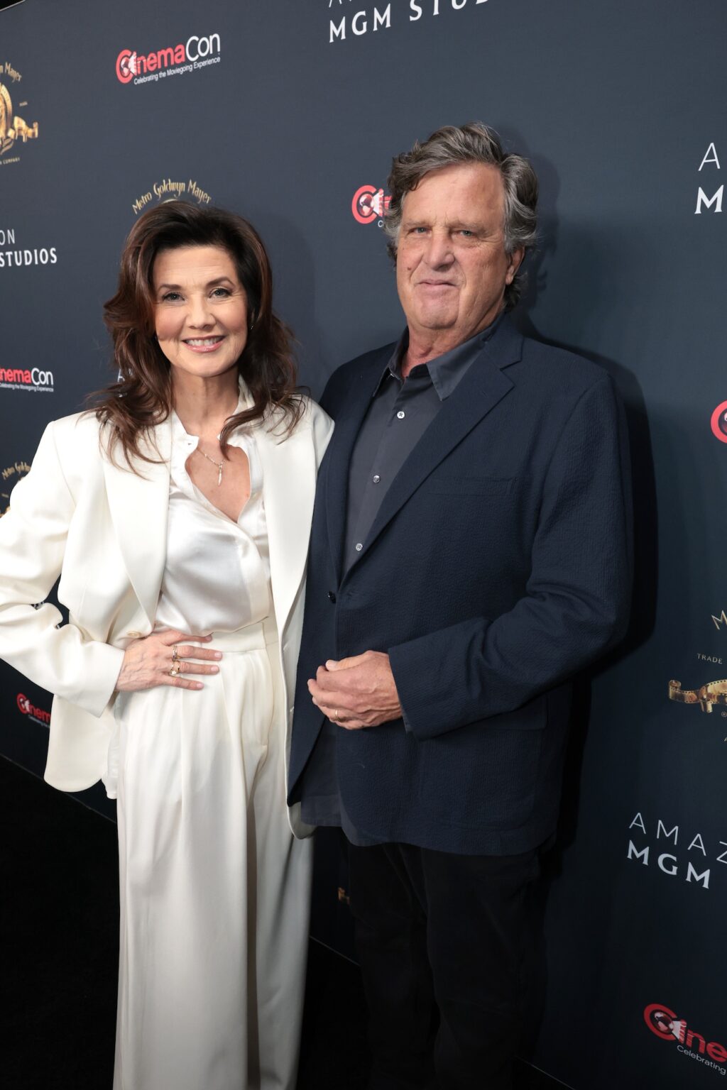 LAS VEGAS, NEVADA - APRIL 15: Daphne Zuniga from "Spaceballs: The New One" (L) and David Mleczko at the Amazon MGM Studios' CinemaCon 2026 Presentation at The Colosseum at Caesars Palace on April 15, 2026 in Las Vegas, Nevada. (Photo by Eric Charbonneau/Amazon MGM Studios via Getty Images)