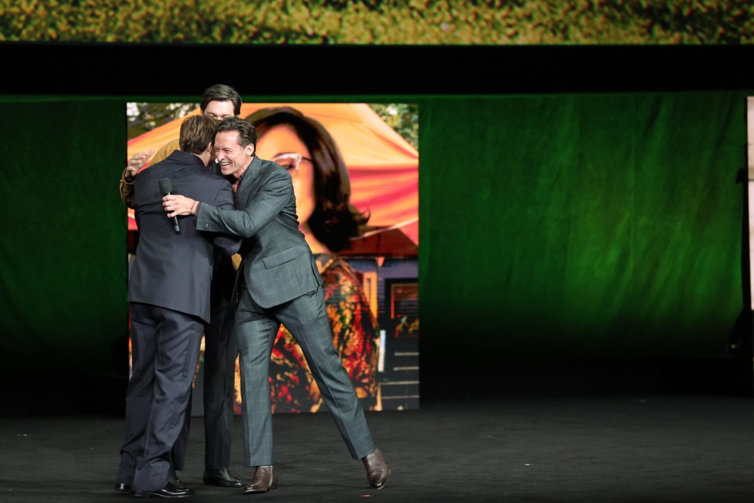 LAS VEGAS, NEVADA - APRIL 15: (L-R) Nicholas Galitzine, Nicholas Braun and Hugh Jackman from "The Sheep Detectives" at the Amazon MGM Studios' CinemaCon 2026 Presentation at The Colosseum at Caesars Palace on April 15, 2026 in Las Vegas, Nevada. (Photo by Stewart Cook/Amazon MGM Studios via Getty Images)