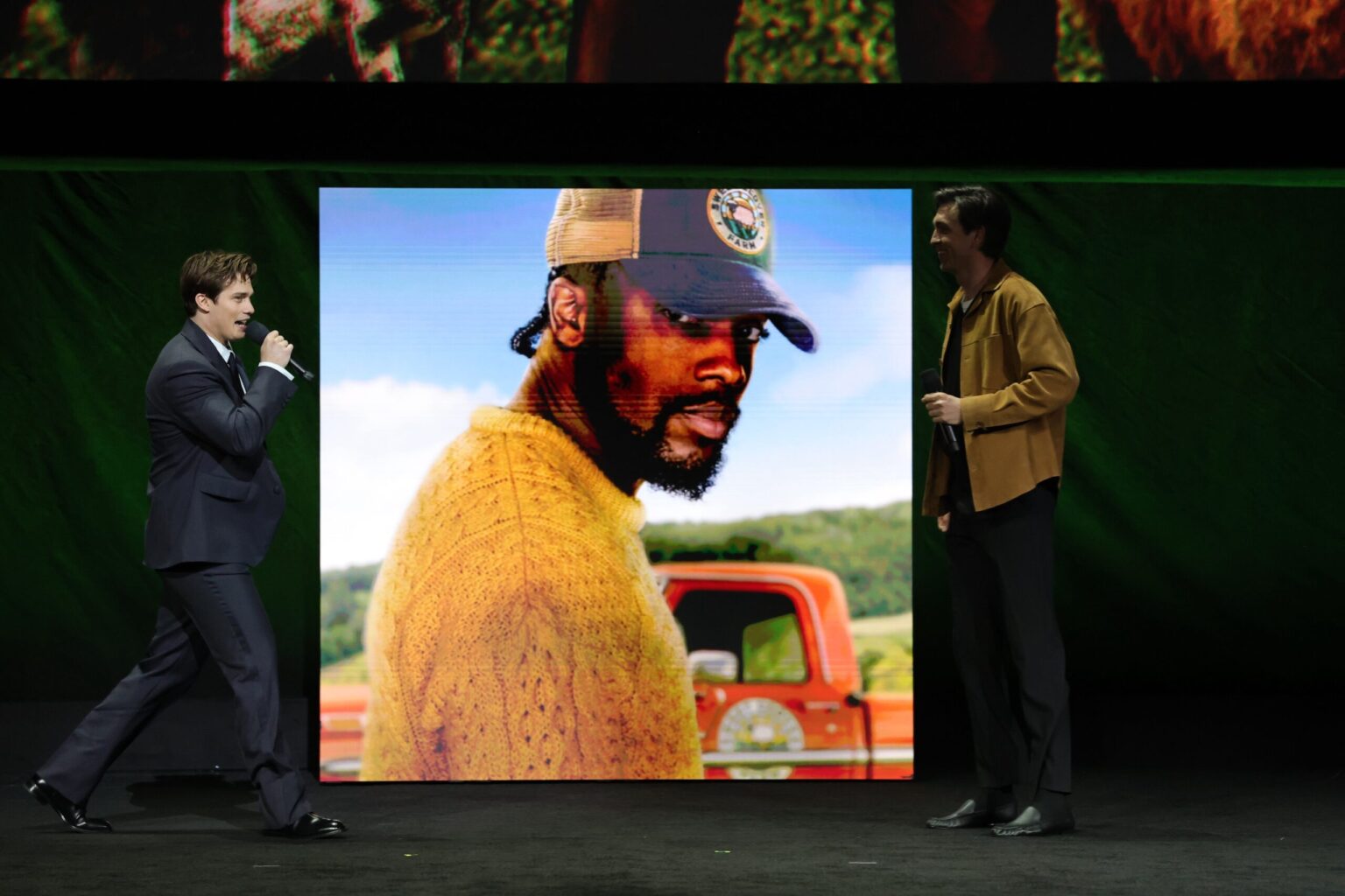 LAS VEGAS, NEVADA - APRIL 15: (L-R) Nicholas Galitzine, Nicholas Braun (L) and Hugh Jackman from "The Sheep Detectives" at the Amazon MGM Studios' CinemaCon 2026 Presentation at The Colosseum at Caesars Palace on April 15, 2026 in Las Vegas, Nevada. (Photo by Stewart Cook/Amazon MGM Studios via Getty Images)