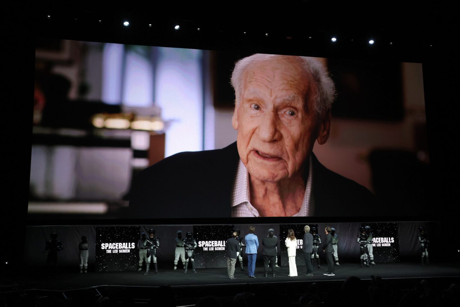 LAS VEGAS, NEVADA - APRIL 15: (L-R) Rick Moranis, Lewis Pullman, Josh Gad, Daphne Zuniga, Bill Pullman and Josh Greenbaum from "Spaceballs The New One" at the Amazon MGM Studios' CinemaCon 2026 Presentation at The Colosseum at Caesars Palace on April 15, 2026 in Las Vegas, Nevada. (Photo by Stewart Cook/Amazon MGM Studios via Getty Images)