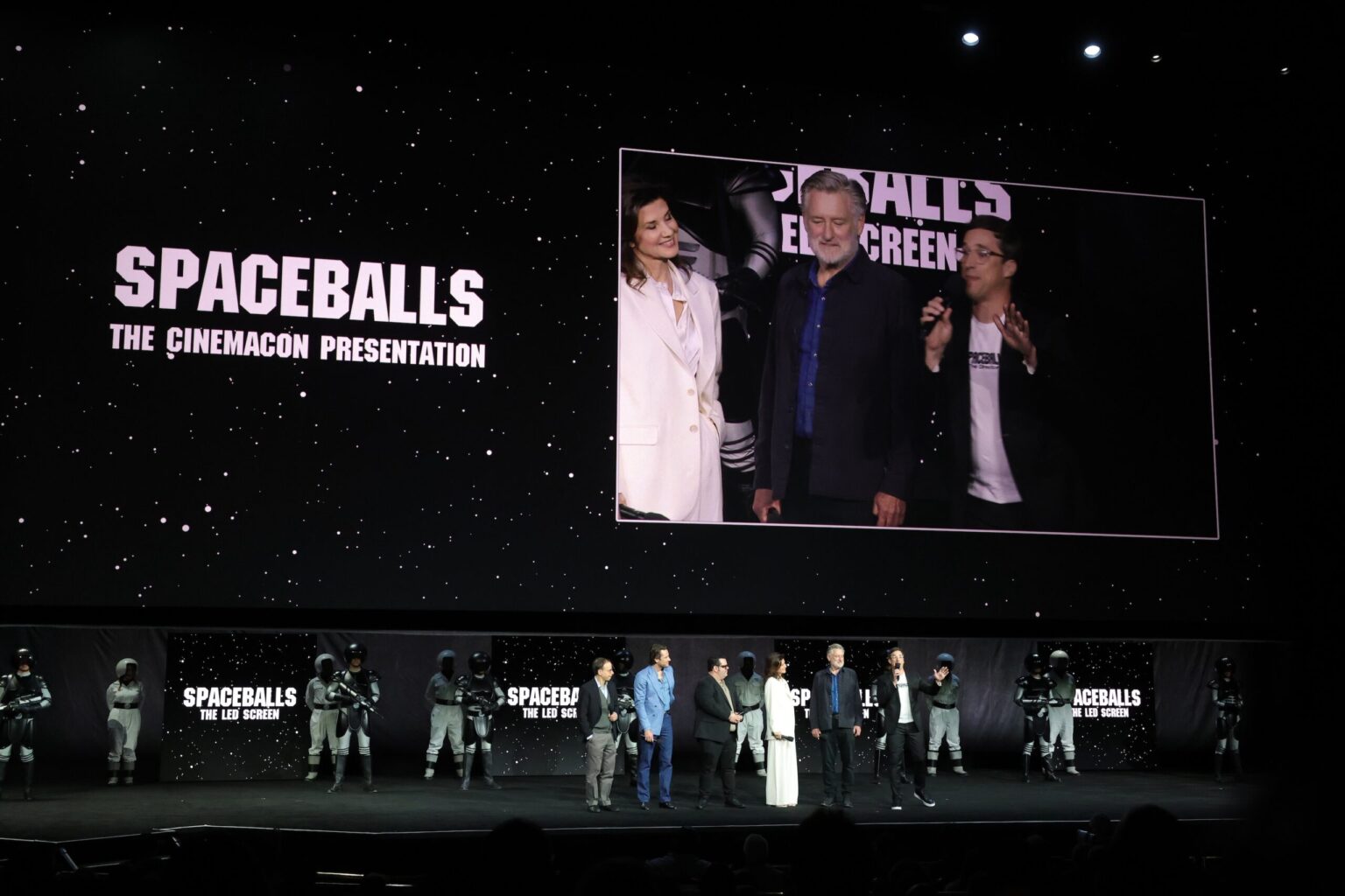 LAS VEGAS, NEVADA - APRIL 15: (L-R) Rick Moranis, Lewis Pullman, Josh Gad, Daphne Zuniga, Bill Pullman and Josh Greenbaum from "Spaceballs The New One" at the Amazon MGM Studios' CinemaCon 2026 Presentation at The Colosseum at Caesars Palace on April 15, 2026 in Las Vegas, Nevada. (Photo by Stewart Cook/Amazon MGM Studios via Getty Images)