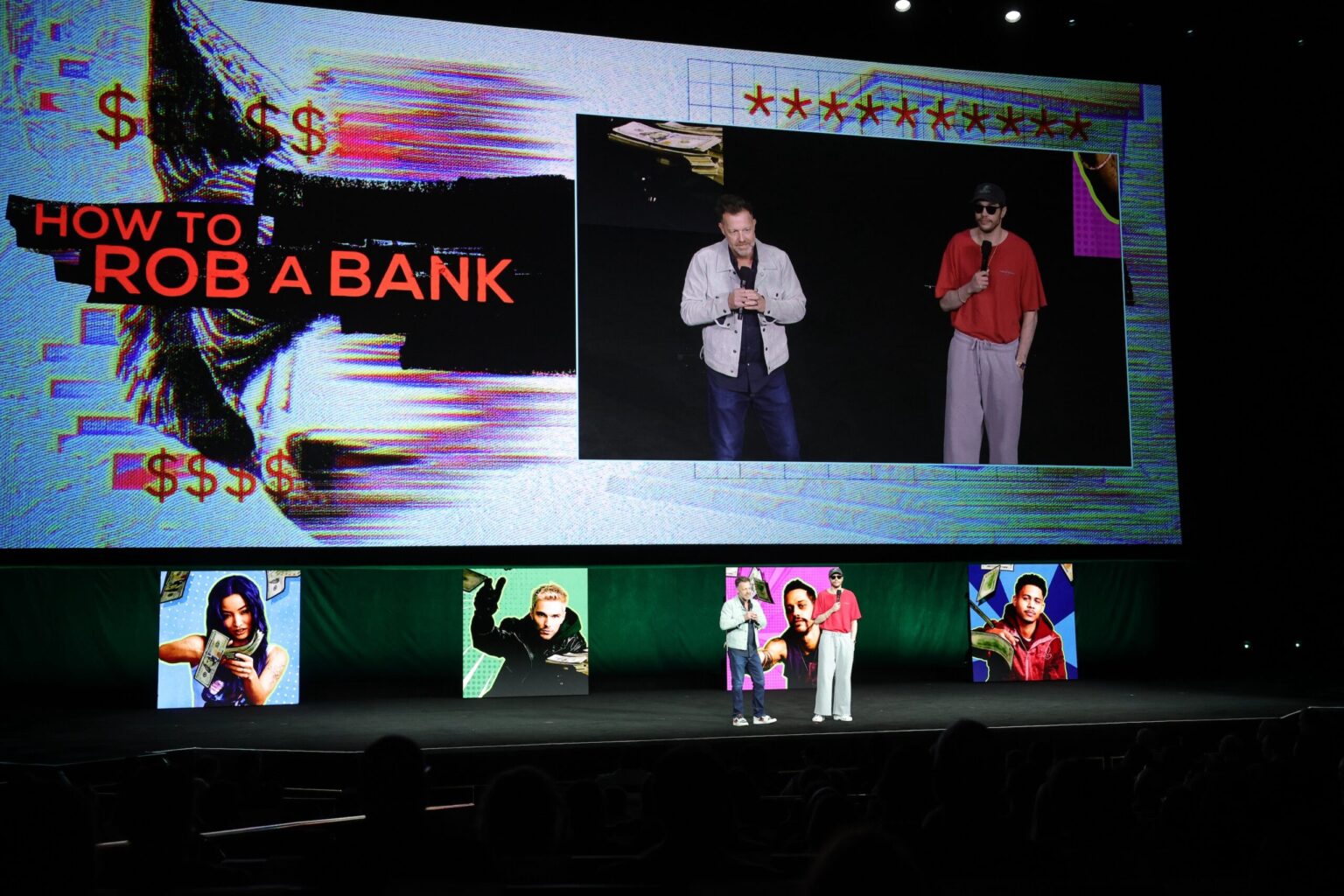 LAS VEGAS, NEVADA - APRIL 15: David Leitch (L) and Pete Davidson from "How to Rob a Bank" at the Amazon MGM Studios' CinemaCon 2026 Presentation at The Colosseum at Caesars Palace on April 15, 2026 in Las Vegas, Nevada. (Photo by Stewart Cook/Amazon MGM Studios via Getty Images)