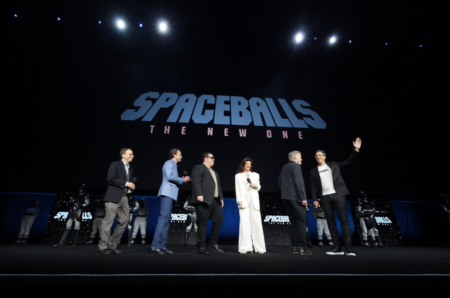 LAS VEGAS, NEVADA - APRIL 15: (L-R) Rick Moranis, Lewis Pullman, Josh Gad, Daphne Zuniga, Bill Pullman and Josh Greenbaum from "Spaceballs: The New One" at the Amazon MGM Studios' CinemaCon 2026 Presentation at The Colosseum at Caesars Palace on April 15, 2026 in Las Vegas, Nevada. (Photo by Eric Charbonneau/Amazon MGM Studios via Getty Images)