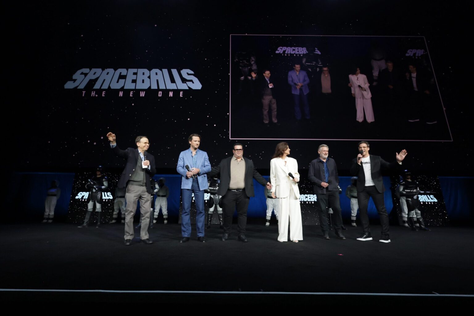 LAS VEGAS, NEVADA - APRIL 15: (L-R) Rick Moranis, Lewis Pullman, Josh Gad, Daphne Zuniga, Bill Pullman and Josh Greenbaum from "Spaceballs: The New One" at the Amazon MGM Studios' CinemaCon 2026 Presentation at The Colosseum at Caesars Palace on April 15, 2026 in Las Vegas, Nevada. (Photo by Eric Charbonneau/Amazon MGM Studios via Getty Images)