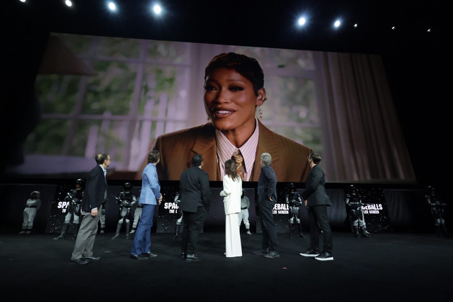 LAS VEGAS, NEVADA - APRIL 15: (L-R) Rick Moranis, Lewis Pullman, Josh Gad, Daphne Zuniga, Bill Pullman and Josh Greenbaum from "Spaceballs: The New One" at the Amazon MGM Studios' CinemaCon 2026 Presentation at The Colosseum at Caesars Palace on April 15, 2026 in Las Vegas, Nevada. (Photo by Eric Charbonneau/Amazon MGM Studios via Getty Images)
