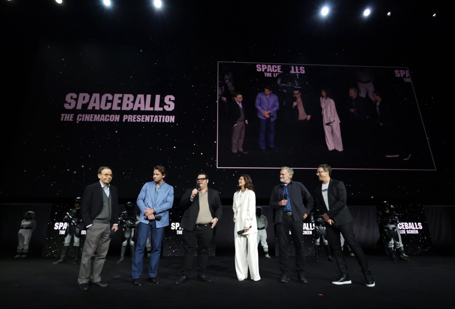 LAS VEGAS, NEVADA - APRIL 15: (L-R) Rick Moranis, Lewis Pullman, Josh Gad, Daphne Zuniga, Bill Pullman and Josh Greenbaum from "Spaceballs: The New One" at the Amazon MGM Studios' CinemaCon 2026 Presentation at The Colosseum at Caesars Palace on April 15, 2026 in Las Vegas, Nevada. (Photo by Eric Charbonneau/Amazon MGM Studios via Getty Images)