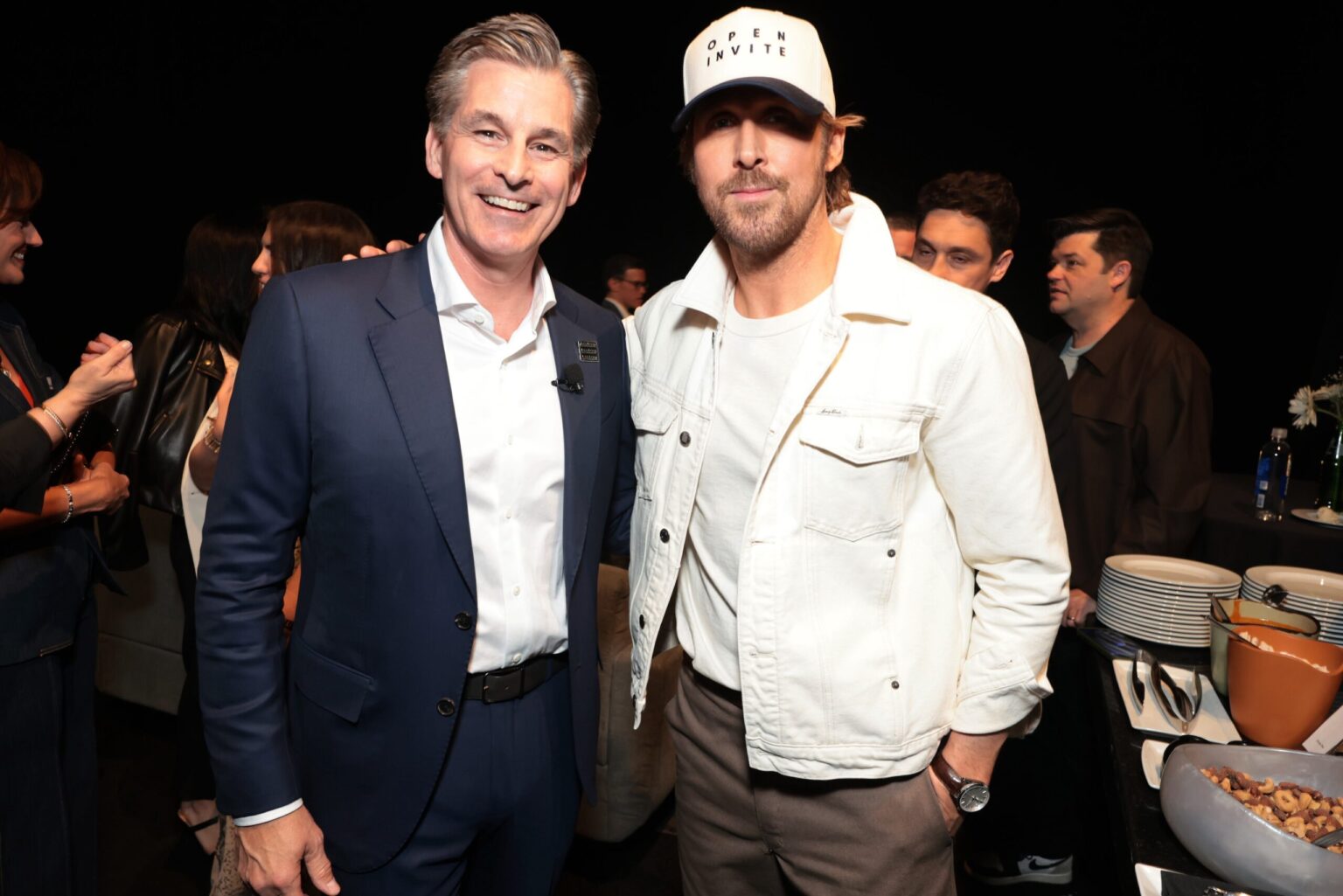 LAS VEGAS, NEVADA - APRIL 15: Mike Hopkins, Head of Prime Video and Amazon MGM Studios, (L) and Ryan Gosling from "Project Hail Mary" at the Amazon MGM Studios' CinemaCon 2026 Presentation at The Colosseum at Caesars Palace on April 15, 2026 in Las Vegas, Nevada. (Photo by Eric Charbonneau/Amazon MGM Studios via Getty Images)