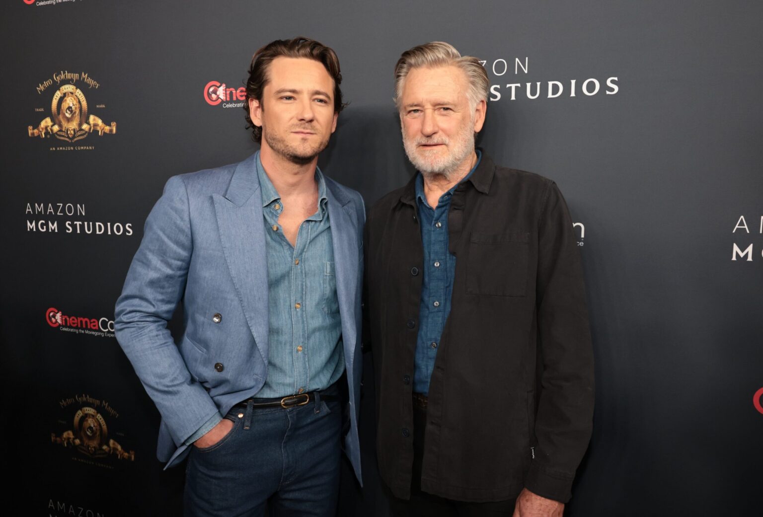 LAS VEGAS, NEVADA - APRIL 15: Lewis Pullman (L) and Bill Pullman from "Spaceballs: The New One" at the Amazon MGM Studios' CinemaCon 2026 Presentation at The Colosseum at Caesars Palace on April 15, 2026 in Las Vegas, Nevada. (Photo by Eric Charbonneau/Amazon MGM Studios via Getty Images)