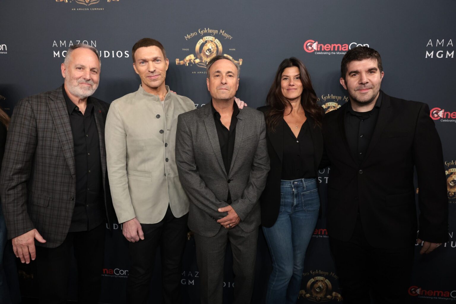 LAS VEGAS, NEVADA - APRIL 15: (L-R) Todd Black, Travis Knight, Jason Blumenthal, Robbie Brenner from "Masters of the Universe" and guest at the Amazon MGM Studios' CinemaCon 2026 Presentation at The Colosseum at Caesars Palace on April 15, 2026 in Las Vegas, Nevada. (Photo by Eric Charbonneau/Amazon MGM Studios via Getty Images)
