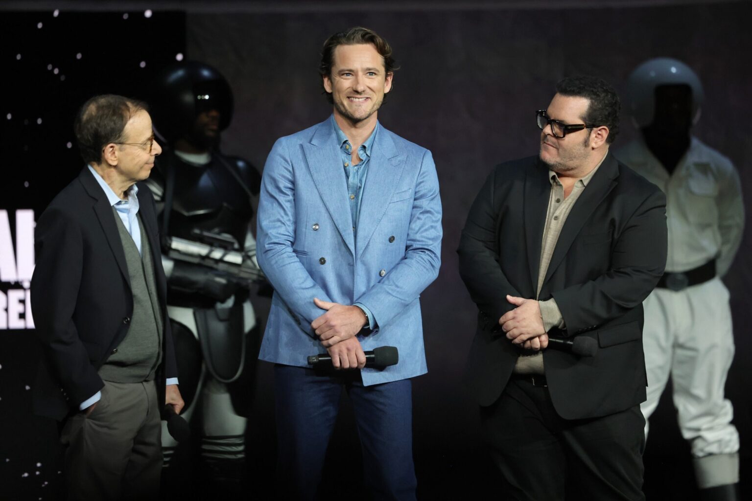 LAS VEGAS, NEVADA - APRIL 15: (L-R) Rick Moranis, Lewis Pullman and Josh Gad from "Spaceballs The New One" at the Amazon MGM Studios' CinemaCon 2026 Presentation at The Colosseum at Caesars Palace on April 15, 2026 in Las Vegas, Nevada. (Photo by Stewart Cook/Amazon MGM Studios via Getty Images)