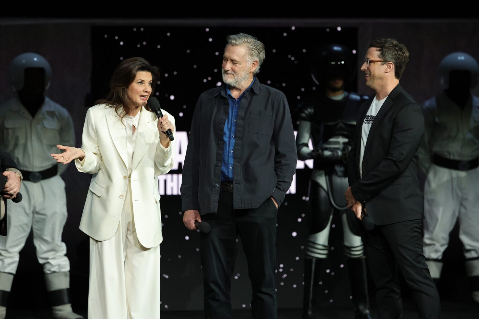 LAS VEGAS, NEVADA - APRIL 15: (L-R) Daphne Zuniga, Bill Pullman and Josh Greenbaum from "Spaceballs The New One" at the Amazon MGM Studios' CinemaCon 2026 Presentation at The Colosseum at Caesars Palace on April 15, 2026 in Las Vegas, Nevada. (Photo by Stewart Cook/Amazon MGM Studios via Getty Images)