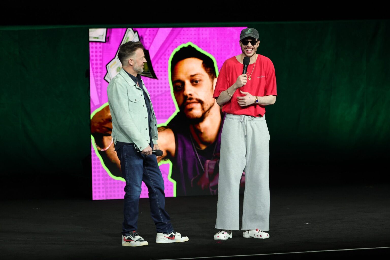 LAS VEGAS, NEVADA - APRIL 15: David Leitch (L) and Pete Davidson from "How to Rob a Bank" at the Amazon MGM Studios' CinemaCon 2026 Presentation at The Colosseum at Caesars Palace on April 15, 2026 in Las Vegas, Nevada. (Photo by Stewart Cook/Amazon MGM Studios via Getty Images)