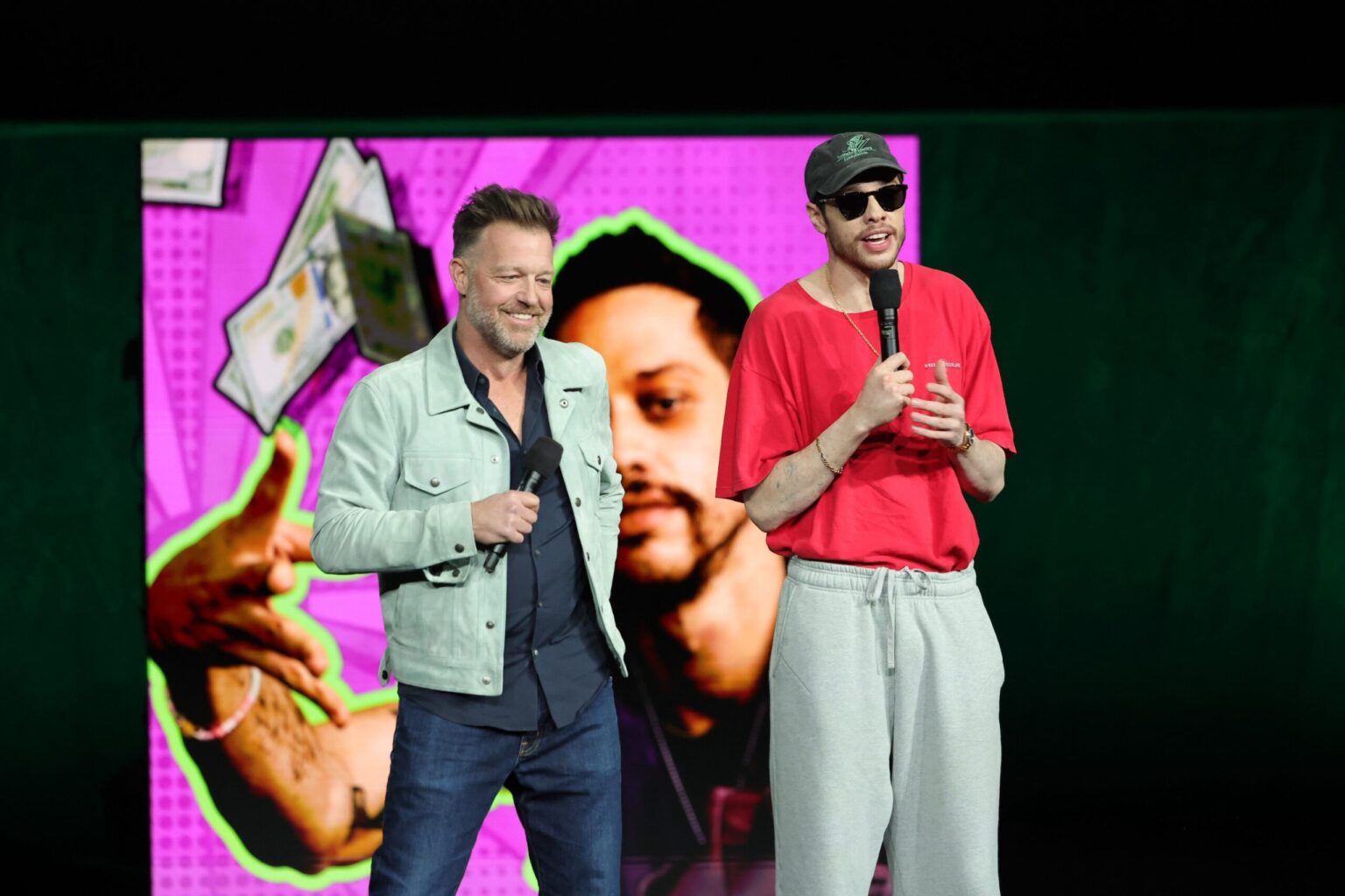 LAS VEGAS, NEVADA - APRIL 15: David Leitch (L) and Pete Davidson from "How to Rob a Bank" at the Amazon MGM Studios' CinemaCon 2026 Presentation at The Colosseum at Caesars Palace on April 15, 2026 in Las Vegas, Nevada. (Photo by Stewart Cook/Amazon MGM Studios via Getty Images)
