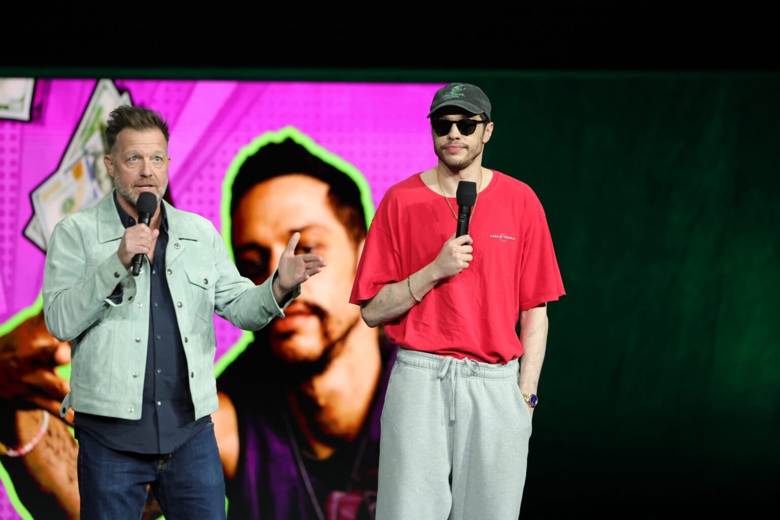 LAS VEGAS, NEVADA - APRIL 15: David Leitch (L) and Pete Davidson from "How to Rob a Bank" at the Amazon MGM Studios' CinemaCon 2026 Presentation at The Colosseum at Caesars Palace on April 15, 2026 in Las Vegas, Nevada. (Photo by Stewart Cook/Amazon MGM Studios via Getty Images)
