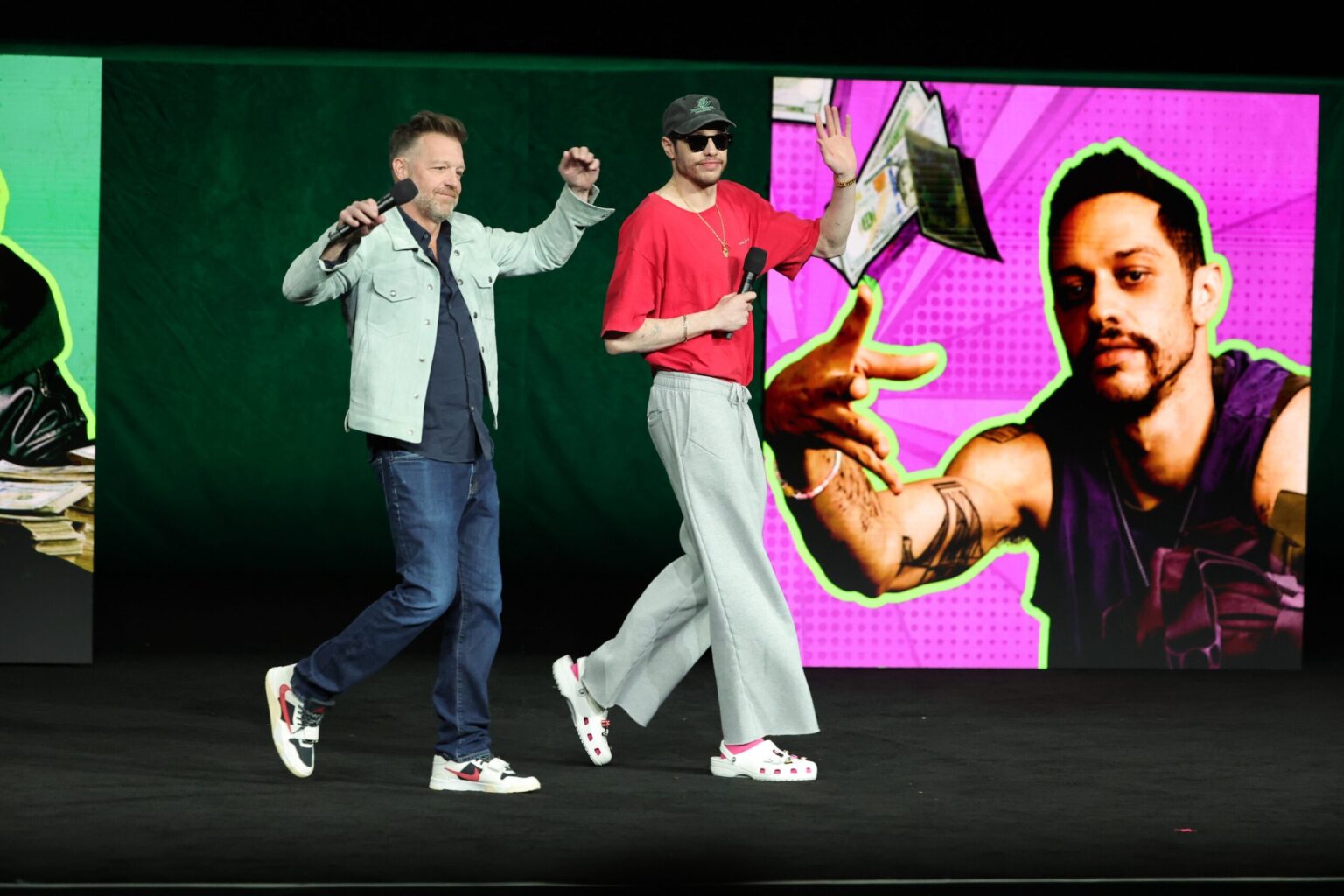 LAS VEGAS, NEVADA - APRIL 15: David Leitch (L) and Pete Davidson from "How to Rob a Bank" at the Amazon MGM Studios' CinemaCon 2026 Presentation at The Colosseum at Caesars Palace on April 15, 2026 in Las Vegas, Nevada. (Photo by Stewart Cook/Amazon MGM Studios via Getty Images)
