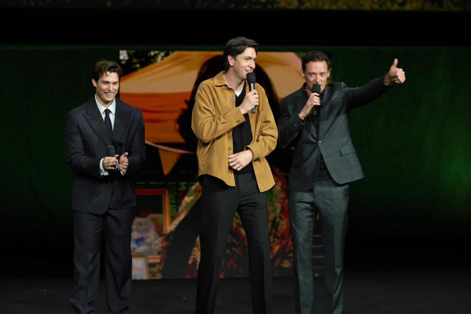 LAS VEGAS, NEVADA - APRIL 15: (L-R) Nicholas Galitzine, Nicholas Braun and Hugh Jackman from "The Sheep Detectives" at the Amazon MGM Studios' CinemaCon 2026 Presentation at The Colosseum at Caesars Palace on April 15, 2026 in Las Vegas, Nevada. (Photo by Stewart Cook/Amazon MGM Studios via Getty Images)