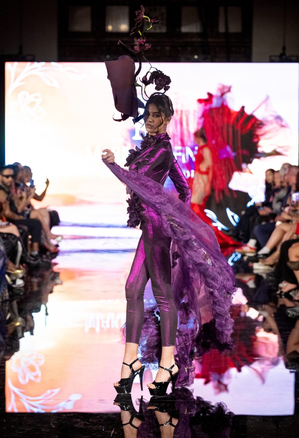 LOS ANGELES, CALIFORNIA - MARCH 13: A model walks the runway at the Marina Safina show during Los Angeles Fashion Week Powered By Art Hearts Fashion at The Majestic on March 13, 2026 in Los Angeles, California. (Photo by Mark Gunter/Getty Images for Art Hearts Fashion)