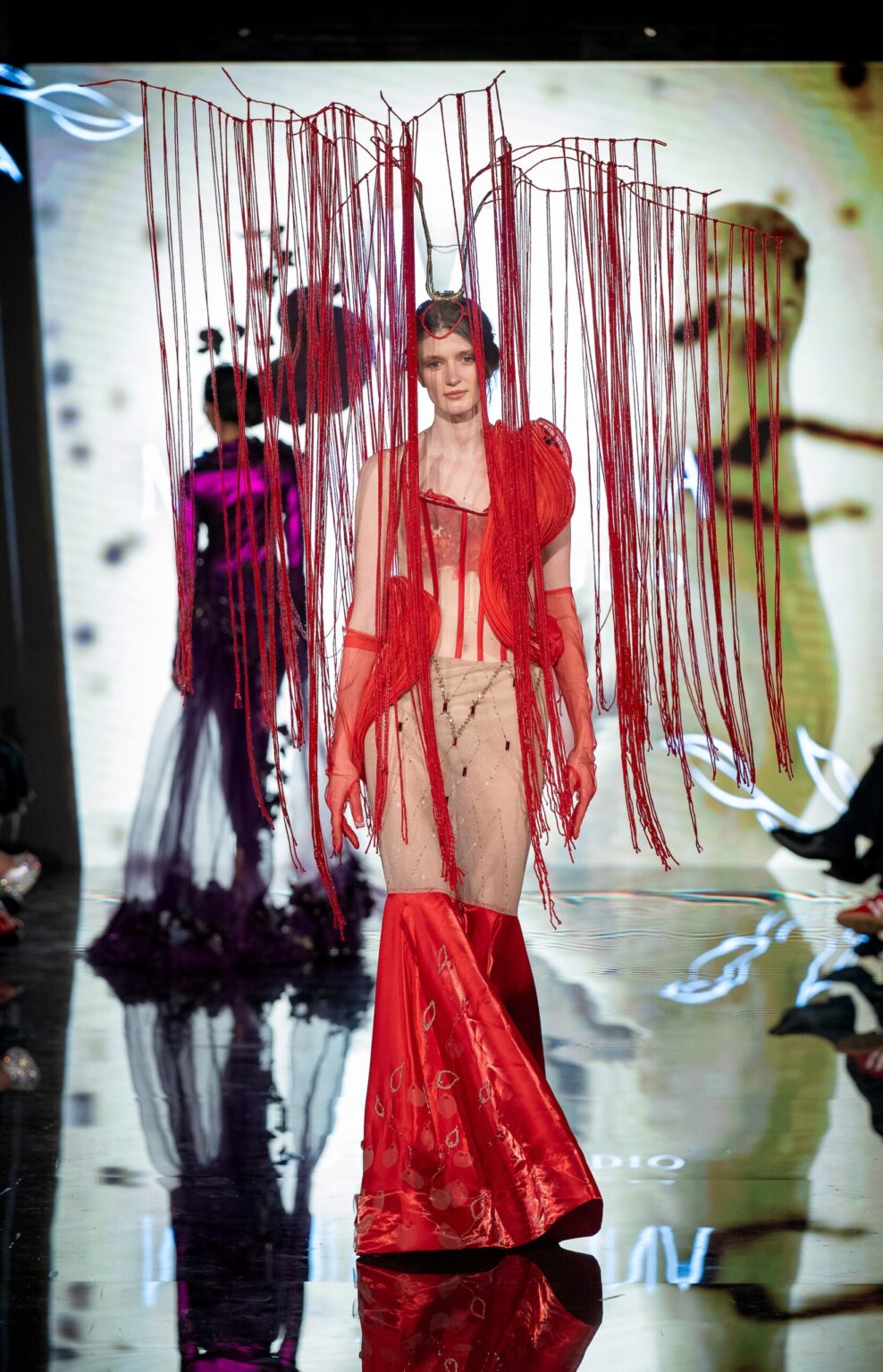 LOS ANGELES, CALIFORNIA - MARCH 13: A model walks the runway at the Marina Safina show during Los Angeles Fashion Week Powered By Art Hearts Fashion at The Majestic on March 13, 2026 in Los Angeles, California. (Photo by Mark Gunter/Getty Images for Art Hearts Fashion)