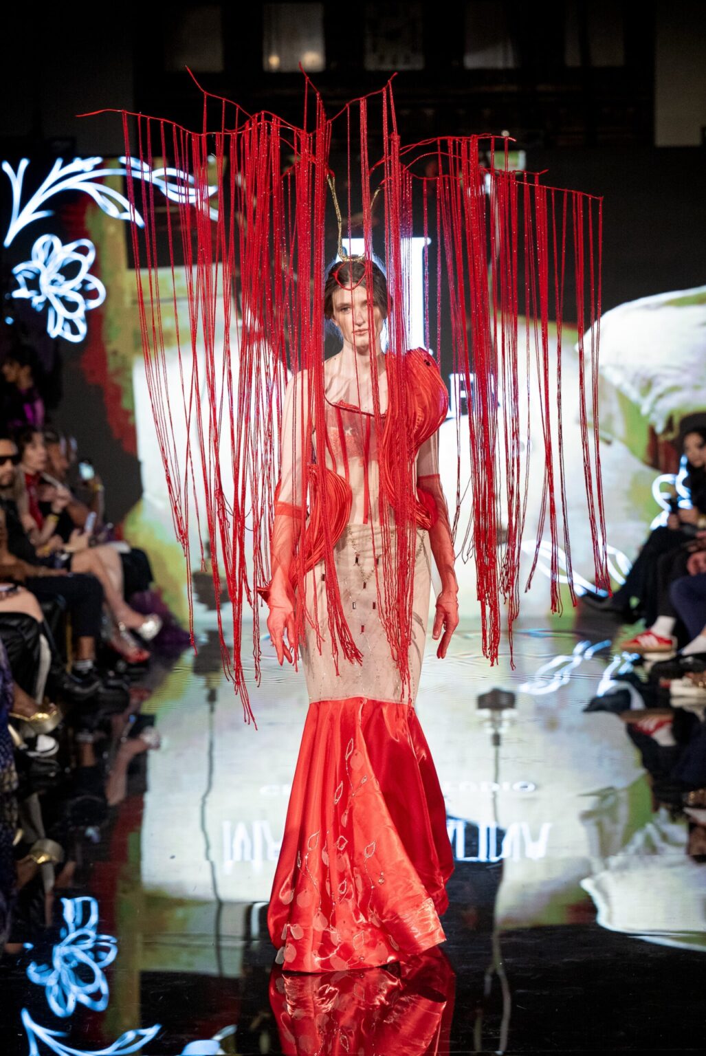 LOS ANGELES, CALIFORNIA - MARCH 13: A model walks the runway at the Marina Safina show during Los Angeles Fashion Week Powered By Art Hearts Fashion at The Majestic on March 13, 2026 in Los Angeles, California. (Photo by Mark Gunter/Getty Images for Art Hearts Fashion)