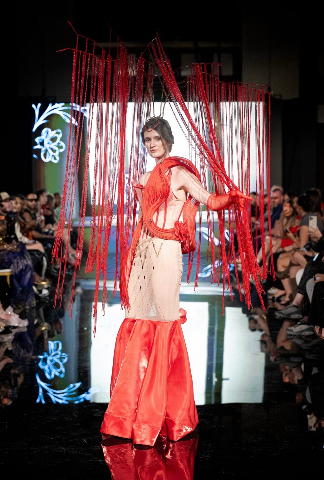 LOS ANGELES, CALIFORNIA - MARCH 13: A model walks the runway at the Marina Safina show during Los Angeles Fashion Week Powered By Art Hearts Fashion at The Majestic on March 13, 2026 in Los Angeles, California. (Photo by Mark Gunter/Getty Images for Art Hearts Fashion)