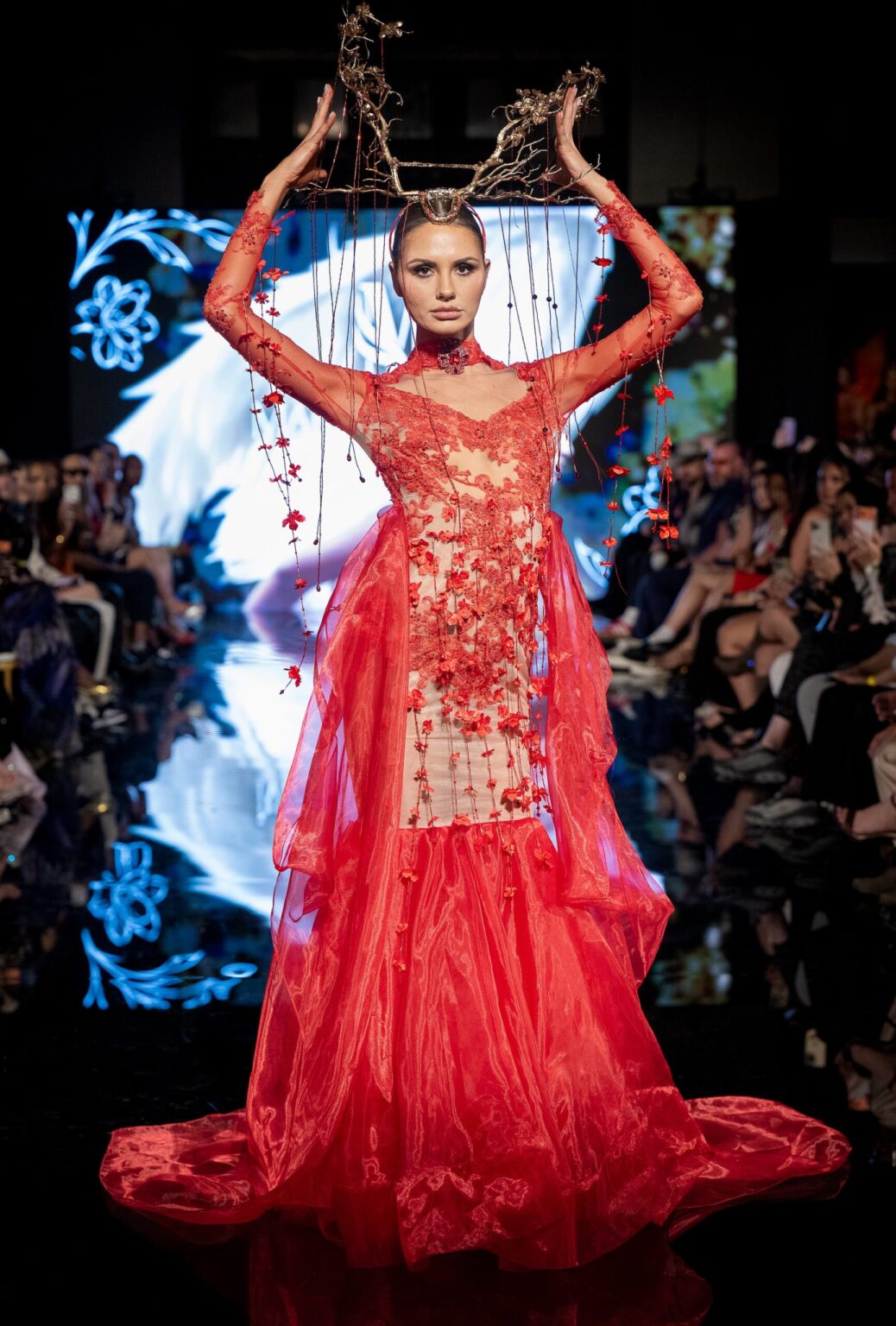 LOS ANGELES, CALIFORNIA - MARCH 13: A model walks the runway at the Marina Safina show during Los Angeles Fashion Week Powered By Art Hearts Fashion at The Majestic on March 13, 2026 in Los Angeles, California. (Photo by Mark Gunter/Getty Images for Art Hearts Fashion)