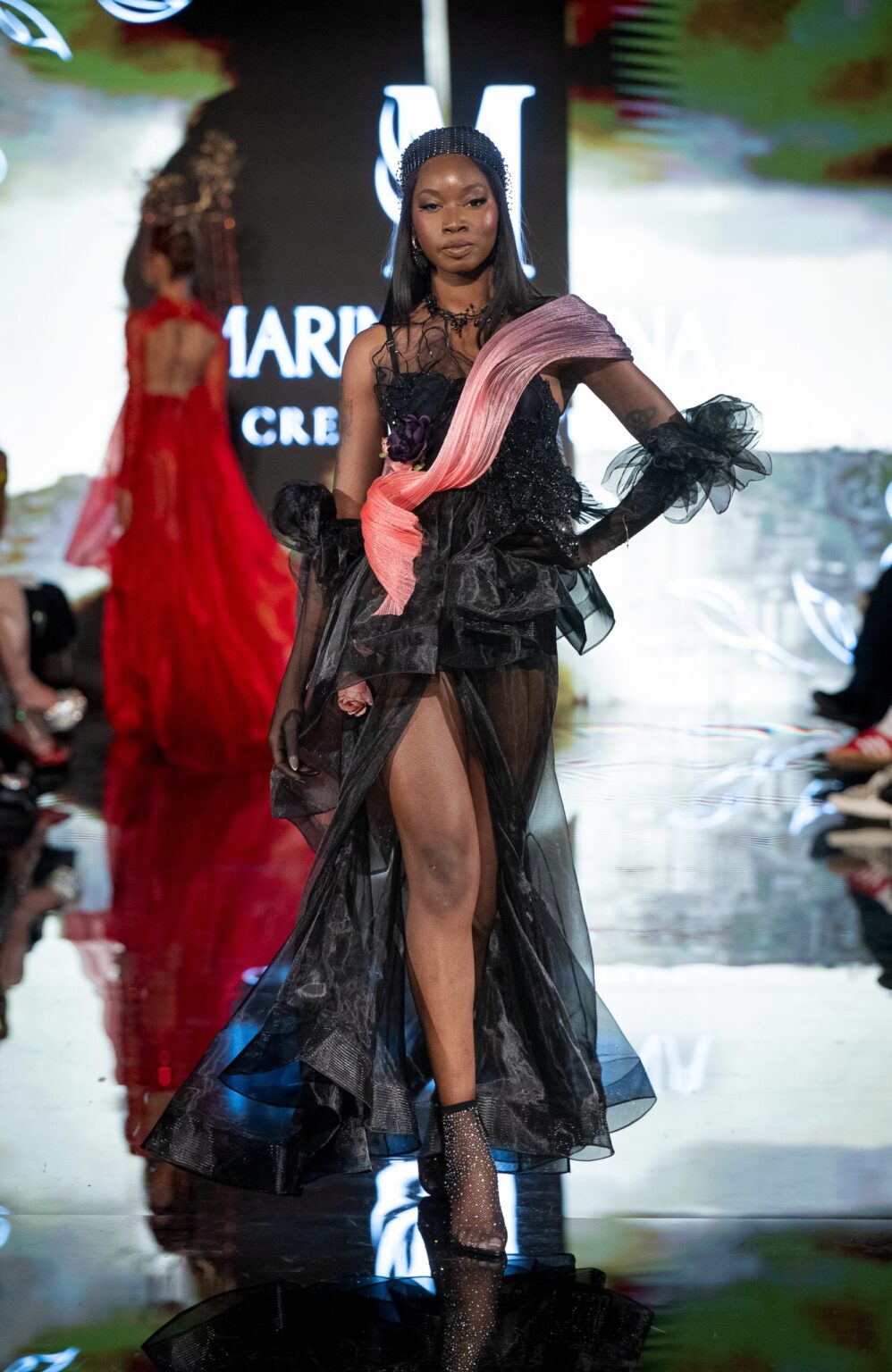 LOS ANGELES, CALIFORNIA - MARCH 13: A model walks the runway at the Marina Safina show during Los Angeles Fashion Week Powered By Art Hearts Fashion at The Majestic on March 13, 2026 in Los Angeles, California. (Photo by Mark Gunter/Getty Images for Art Hearts Fashion)