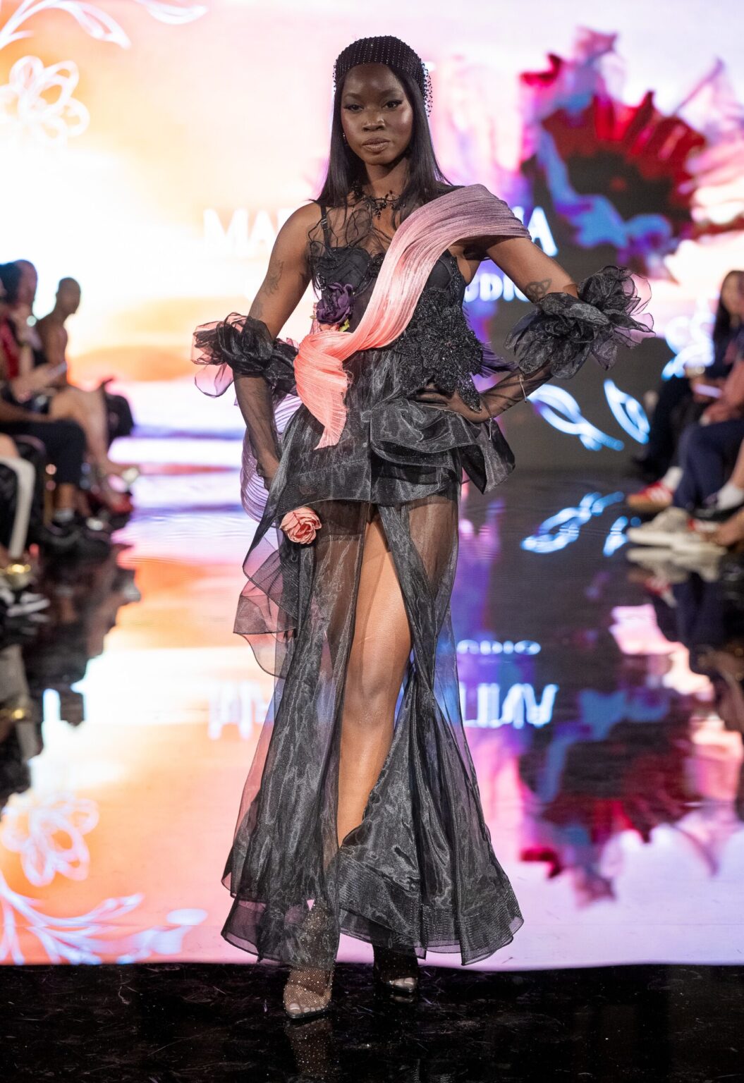 LOS ANGELES, CALIFORNIA - MARCH 13: A model walks the runway at the Marina Safina show during Los Angeles Fashion Week Powered By Art Hearts Fashion at The Majestic on March 13, 2026 in Los Angeles, California. (Photo by Mark Gunter/Getty Images for Art Hearts Fashion)