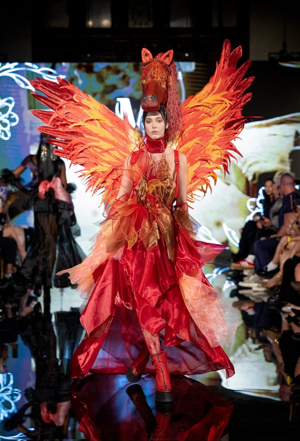 LOS ANGELES, CALIFORNIA - MARCH 13: A model walks the runway at the Marina Safina show during Los Angeles Fashion Week Powered By Art Hearts Fashion at The Majestic on March 13, 2026 in Los Angeles, California. (Photo by Mark Gunter/Getty Images for Art Hearts Fashion)