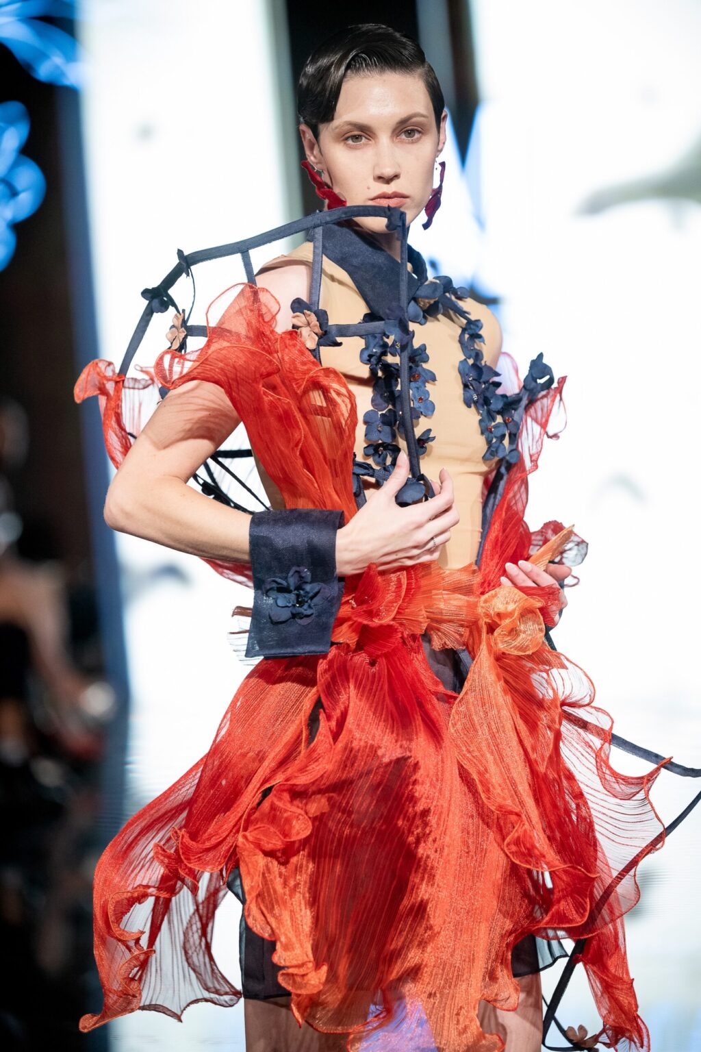 LOS ANGELES, CALIFORNIA - MARCH 13: A model walks the runway at the Marina Safina show during Los Angeles Fashion Week Powered By Art Hearts Fashion at The Majestic on March 13, 2026 in Los Angeles, California. (Photo by Mark Gunter/Getty Images for Art Hearts Fashion)