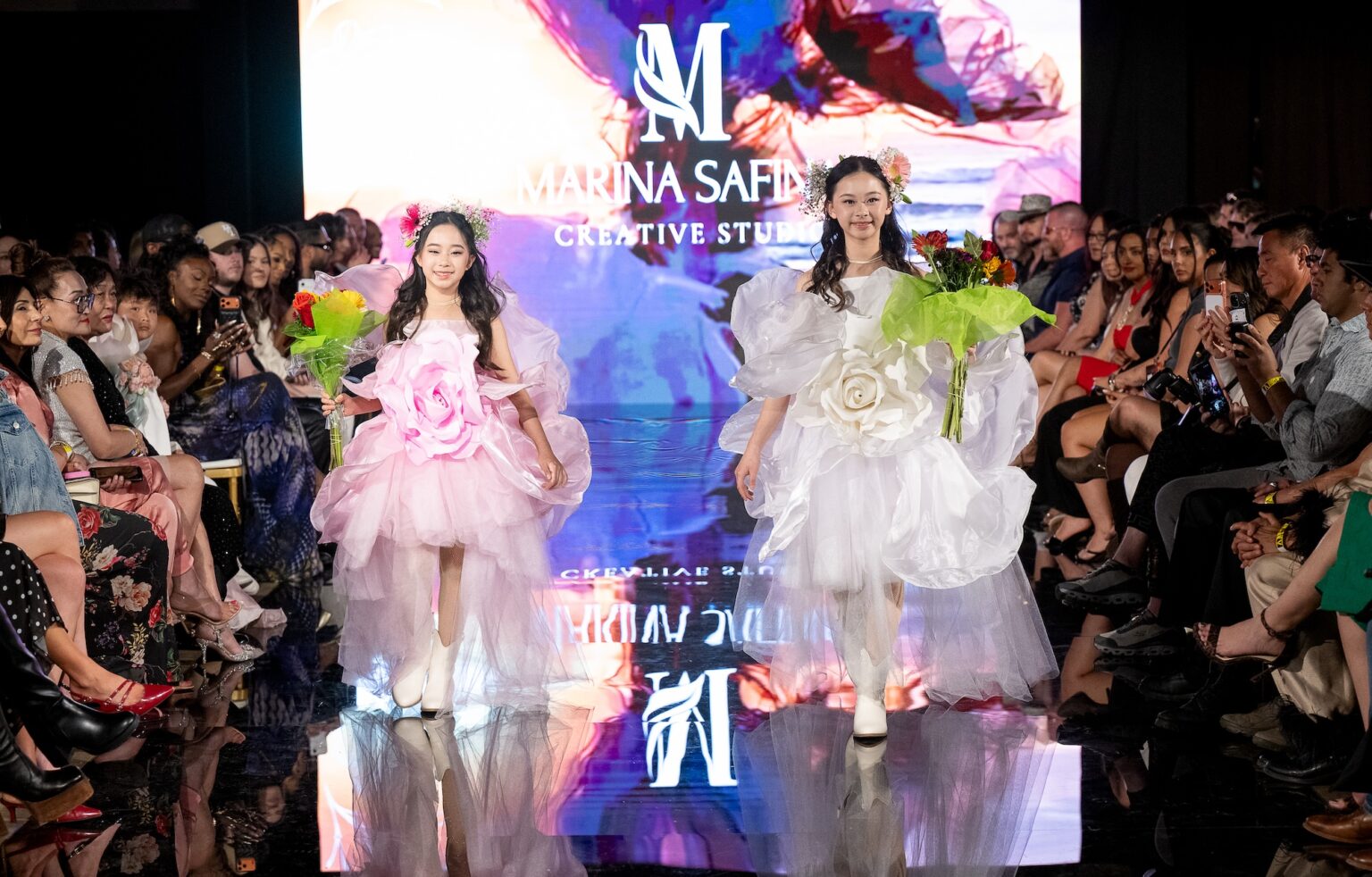 LOS ANGELES, CALIFORNIA - MARCH 13: Models walk the runway at the Marina Safina show during Los Angeles Fashion Week Powered By Art Hearts Fashion at The Majestic on March 13, 2026 in Los Angeles, California. (Photo by Mark Gunter/Getty Images for Art Hearts Fashion)