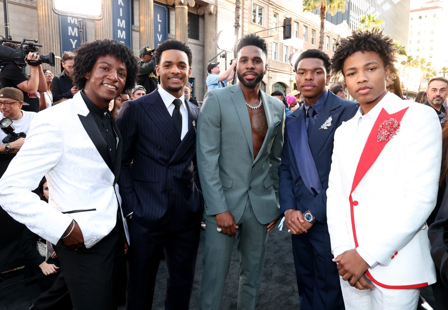 LOS ANGELES, CALIFORNIA - APRIL 20: (L-R) Jayden Harville, Nathaniel Logan McIntyre, Jason Derulo, Judah Edwards and Jaylen Lyndon Hunter attend Lionsgate's "Michael" Los Angeles premiere at Dolby Theatre on April 20, 2026 in Los Angeles, California. (Photo by Kevin Mazur/Getty Images for Lionsgate)