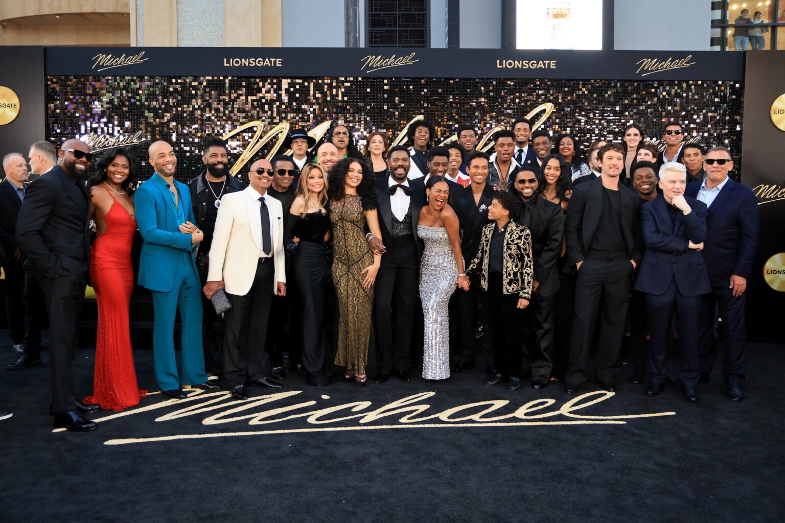 LOS ANGELES, CALIFORNIA - APRIL 20: Talent including Antoine Fuqua, Asia Fuqua, Kendrick Sampson, Deon Cole, Marlon Jackson, Jackie Jackson, La Toya Jackson, KeiLyn Durrel Jones, Jessica Sula, Colman Domingo, Joseph David-Jones, Nia Long, Jaylen Lyndon Hunter, Jaafar Jackson, Tre' Horton, Juliano Valdi, Larenz Tate, Jamal Henderson, Laura Harrier, Miles Teller, Rhyan Hill, Mike Myers, Jermajesty Jackson and Graham King attend Lionsgate's "Michael" Los Angeles premiere at Dolby Theatre on April 20, 2026 in Los Angeles, California. (Photo by Savion Washington/Getty Images for Lionsgate)