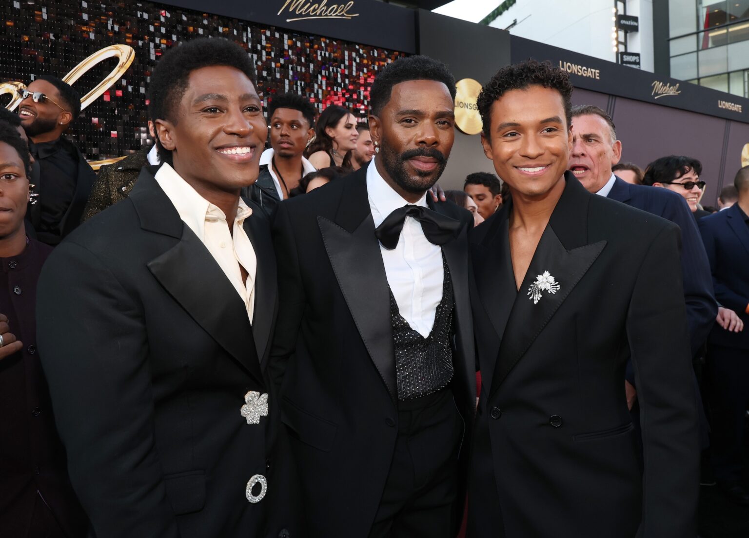 LOS ANGELES, CALIFORNIA - APRIL 20: (L-R) Joseph David-Jones, Colman Domingo, and Jaafar Jackson attend Lionsgate's "Michael" Los Angeles premiere at Dolby Theatre on April 20, 2026 in Los Angeles, California. (Photo by Kevin Mazur/Getty Images for Lionsgate)