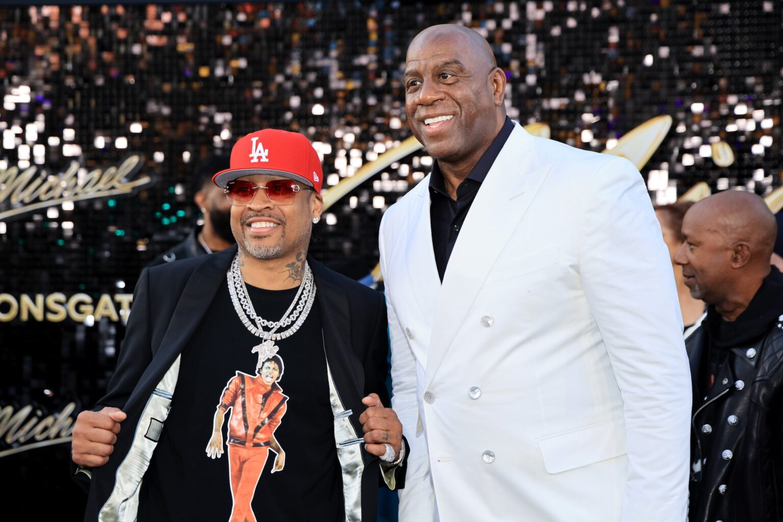 LOS ANGELES, CALIFORNIA - APRIL 20: (L-R) Allen Iverson and Magic Johnson attend Lionsgate's "Michael" Los Angeles premiere at Dolby Theatre on April 20, 2026 in Los Angeles, California. (Photo by Savion Washington/Getty Images for Lionsgate)