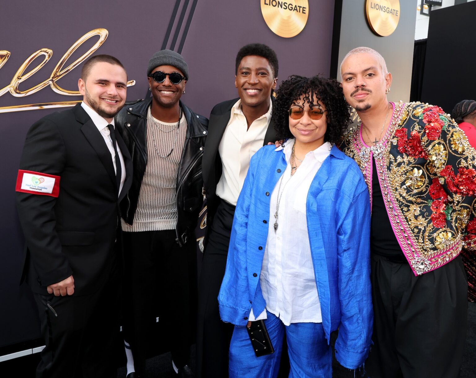 LOS ANGELES, CALIFORNIA - APRIL 20: (L-R) Prince Jackson, Austin Brown, Joseph David-Jones, Raven-Symoné and Evan Ross attend Lionsgate's "Michael" Los Angeles premiere at Dolby Theatre on April 20, 2026 in Los Angeles, California. (Photo by Kevin Mazur/Getty Images for Lionsgate)