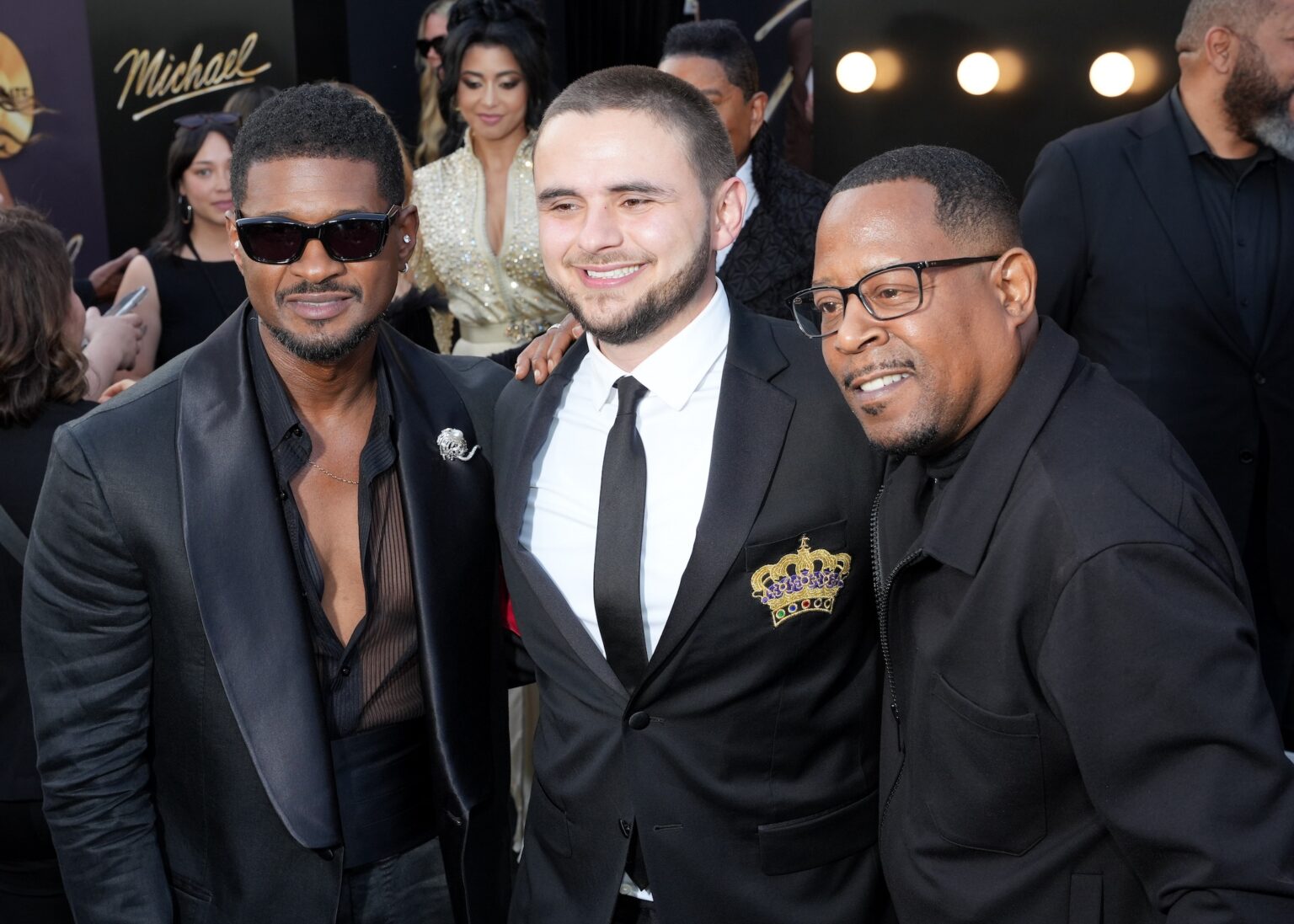 LOS ANGELES, CALIFORNIA - APRIL 20: (L-R) Usher, Prince Jackson and Martin Lawrence attend Lionsgate's "Michael" Los Angeles premiere at Dolby Theatre on April 20, 2026 in Los Angeles, California. (Photo by Gonzalo Marroquin/Getty Images for Lionsgate)
